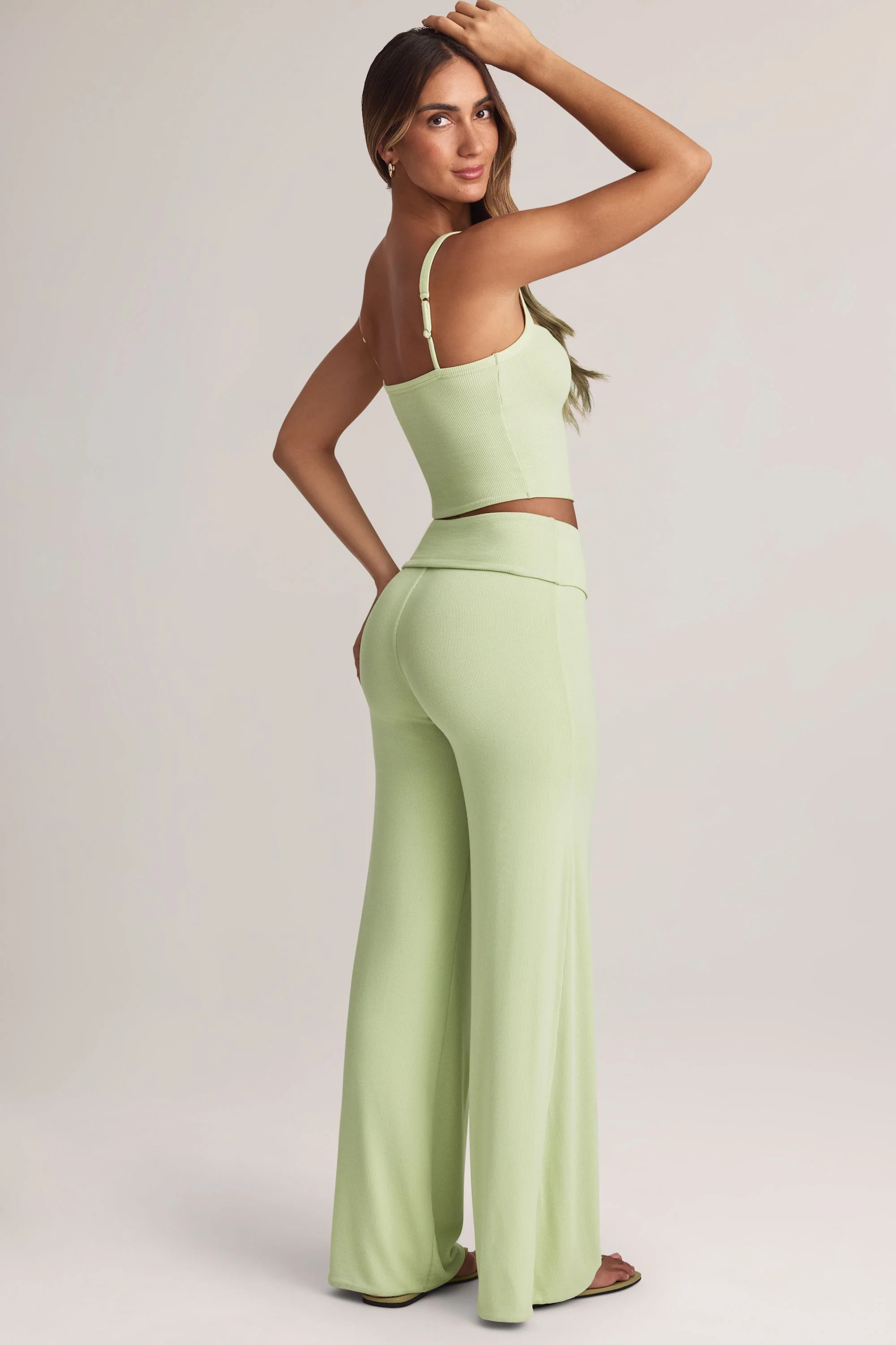 Modal Foldover Wide-Leg Trousers in Sage Green