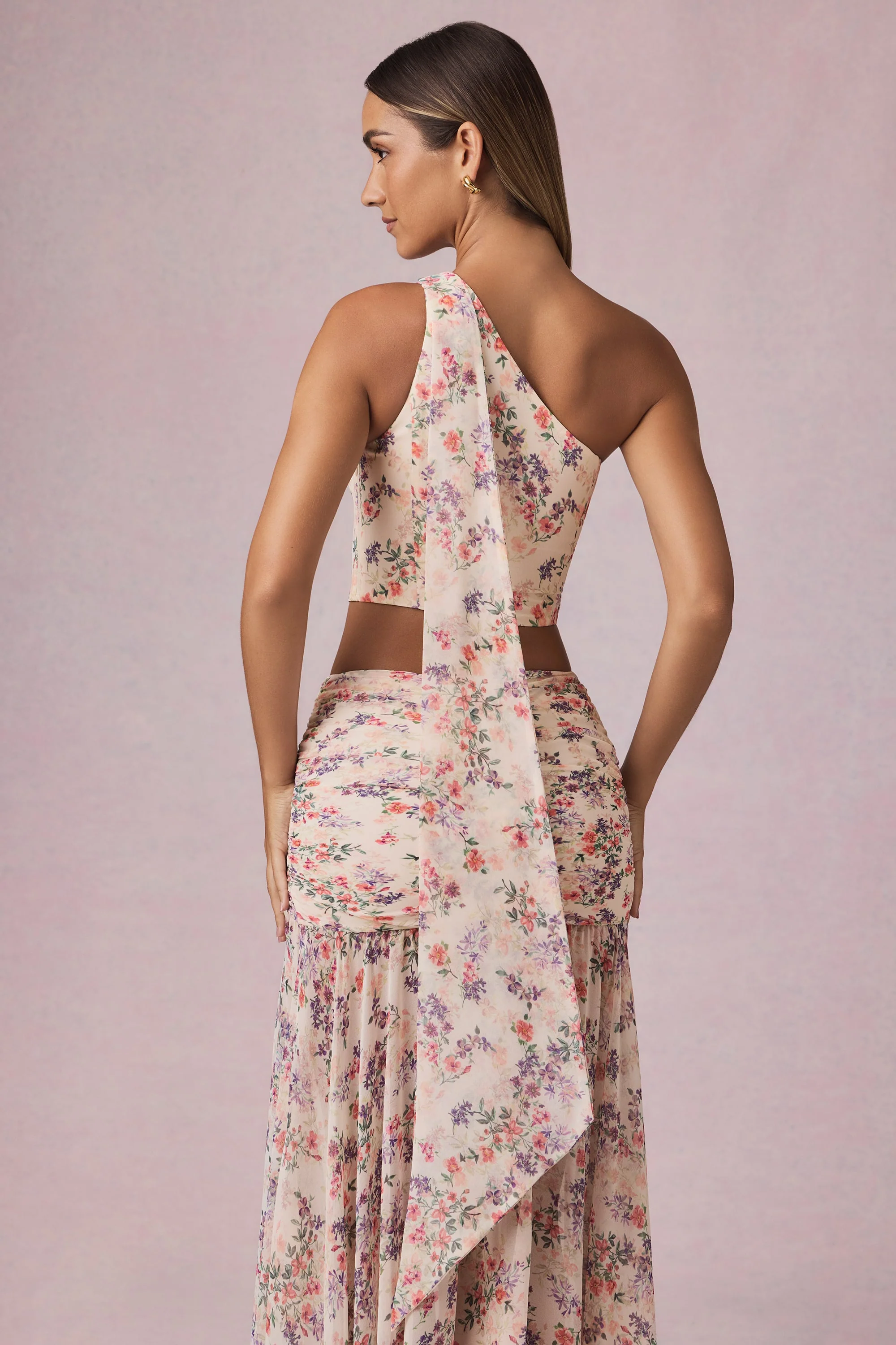 Scarf-Detail One-Shoulder Top in Primrose Floral Print