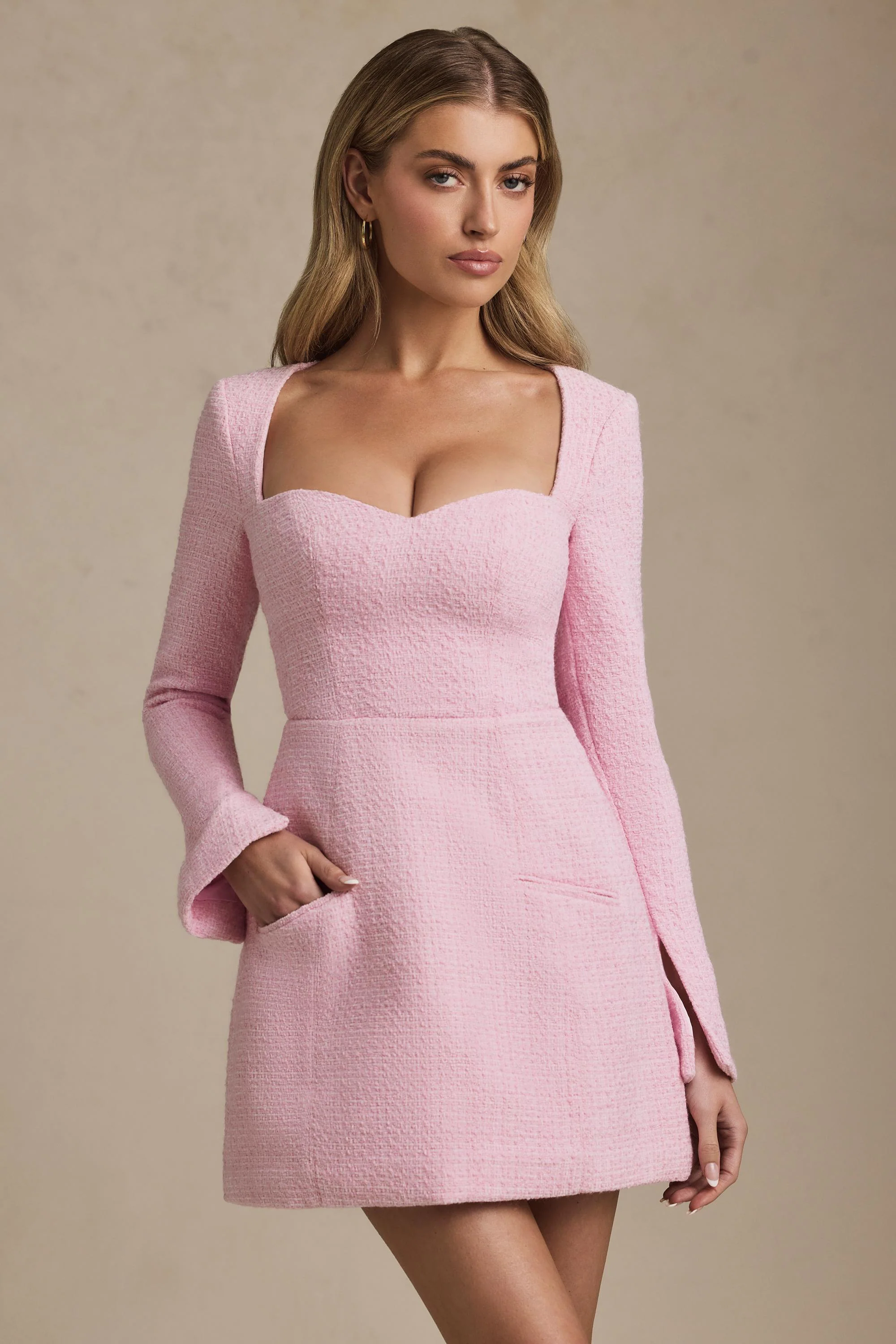 Sweetheart-Neck Structured Mini Dress in Soft Pink
