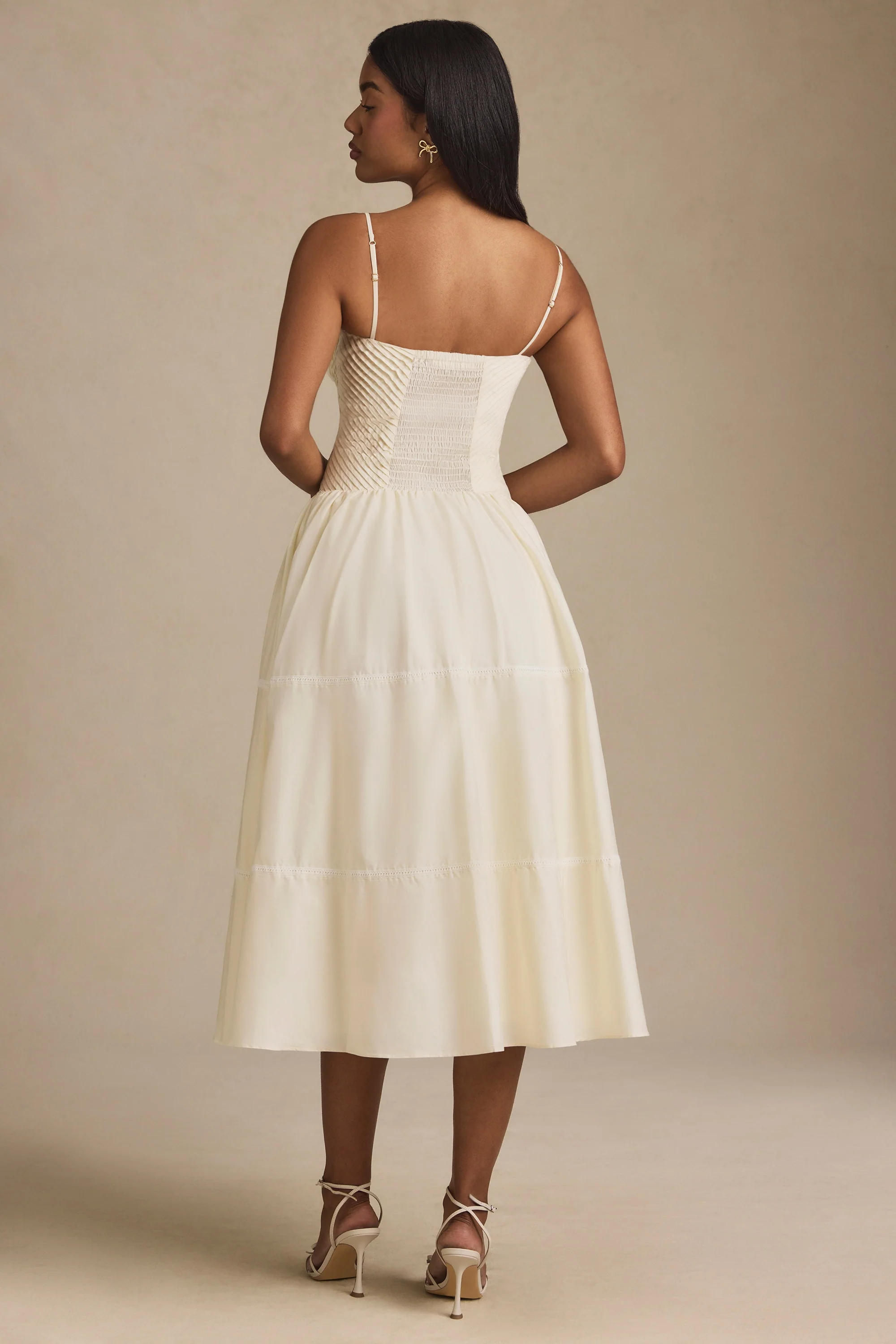 Lace-Trim Pintucked Poplin Midaxi Dress in Ivory