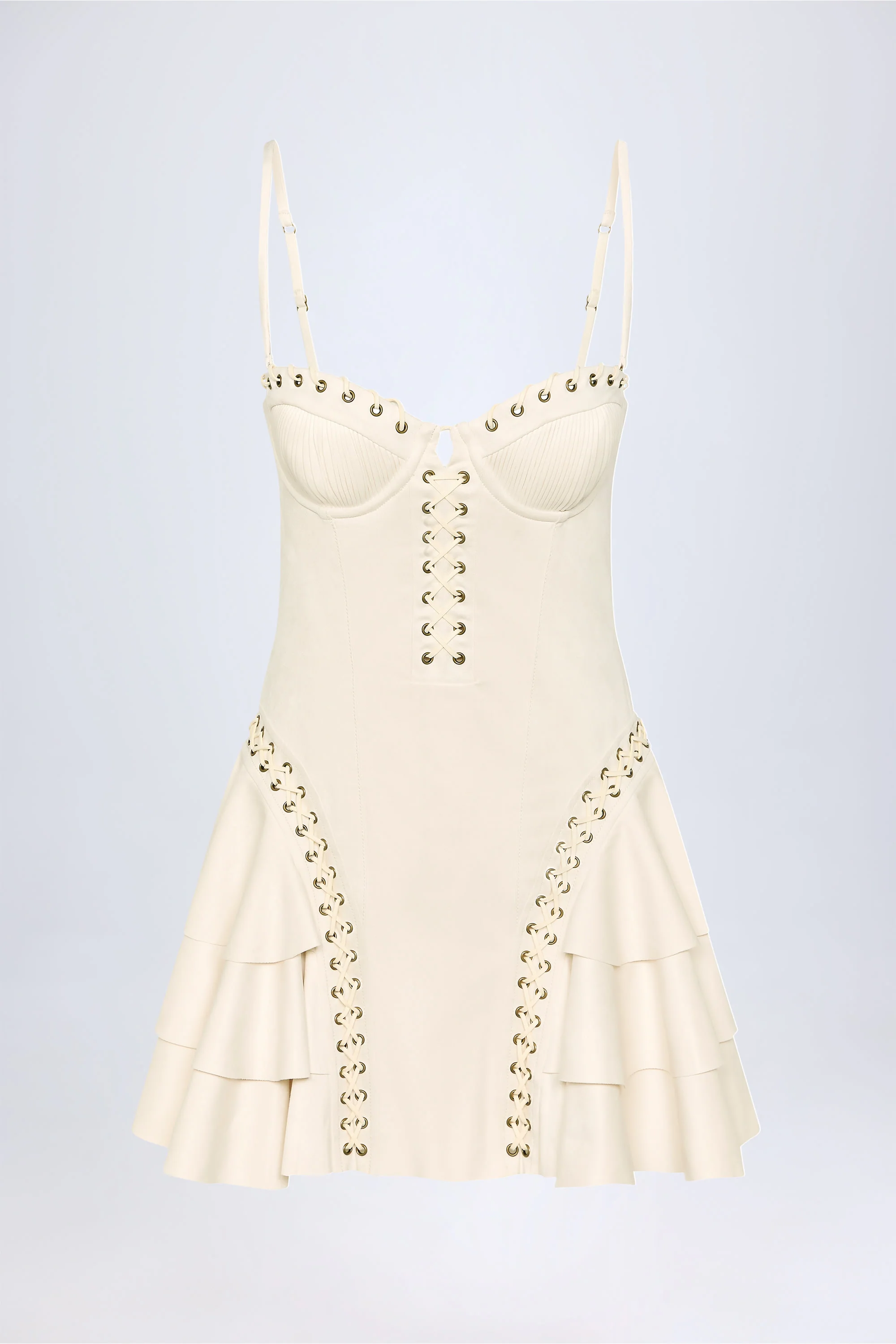 Lace-Up Tiered Corset Mini Dress in Ivory