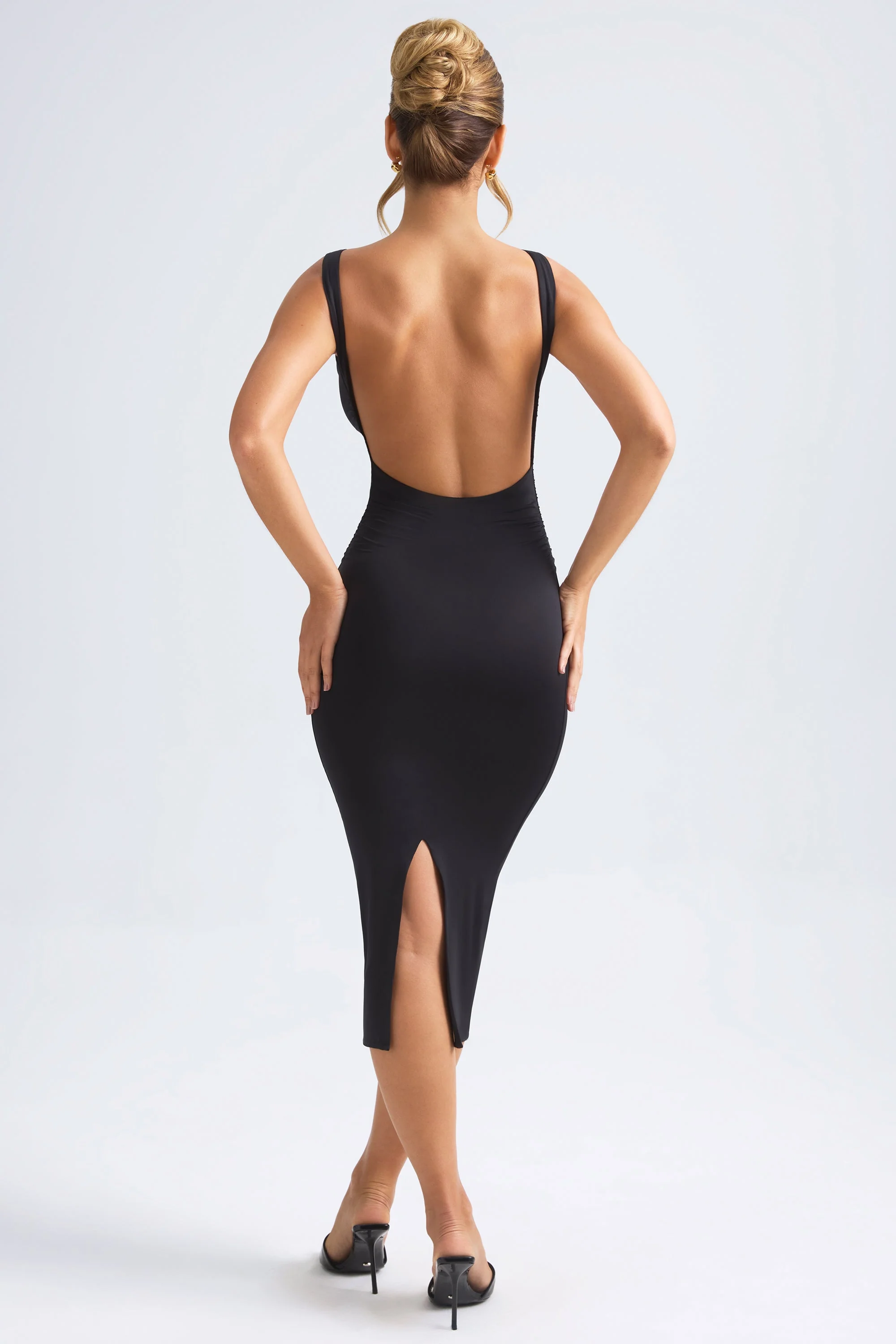 Ruched Open-Back Midaxi Dress in Black
