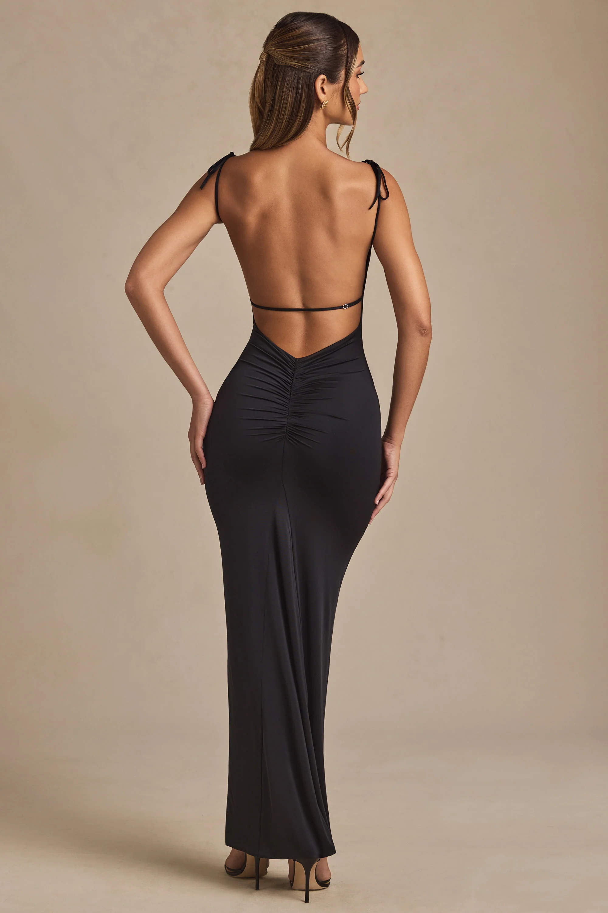 Ruched Backless Maxi Dress in Black