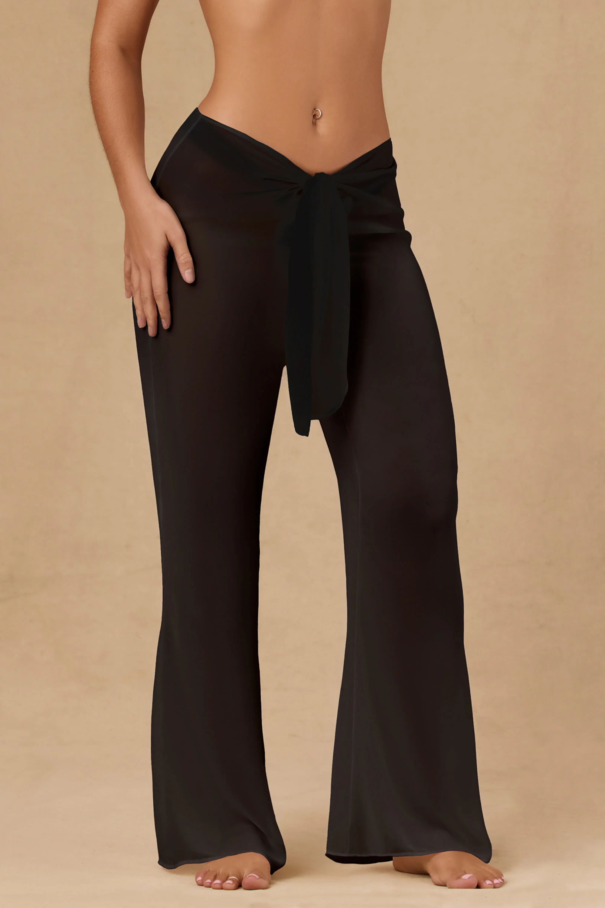 Tie-Front Wide-Leg Trousers in Black