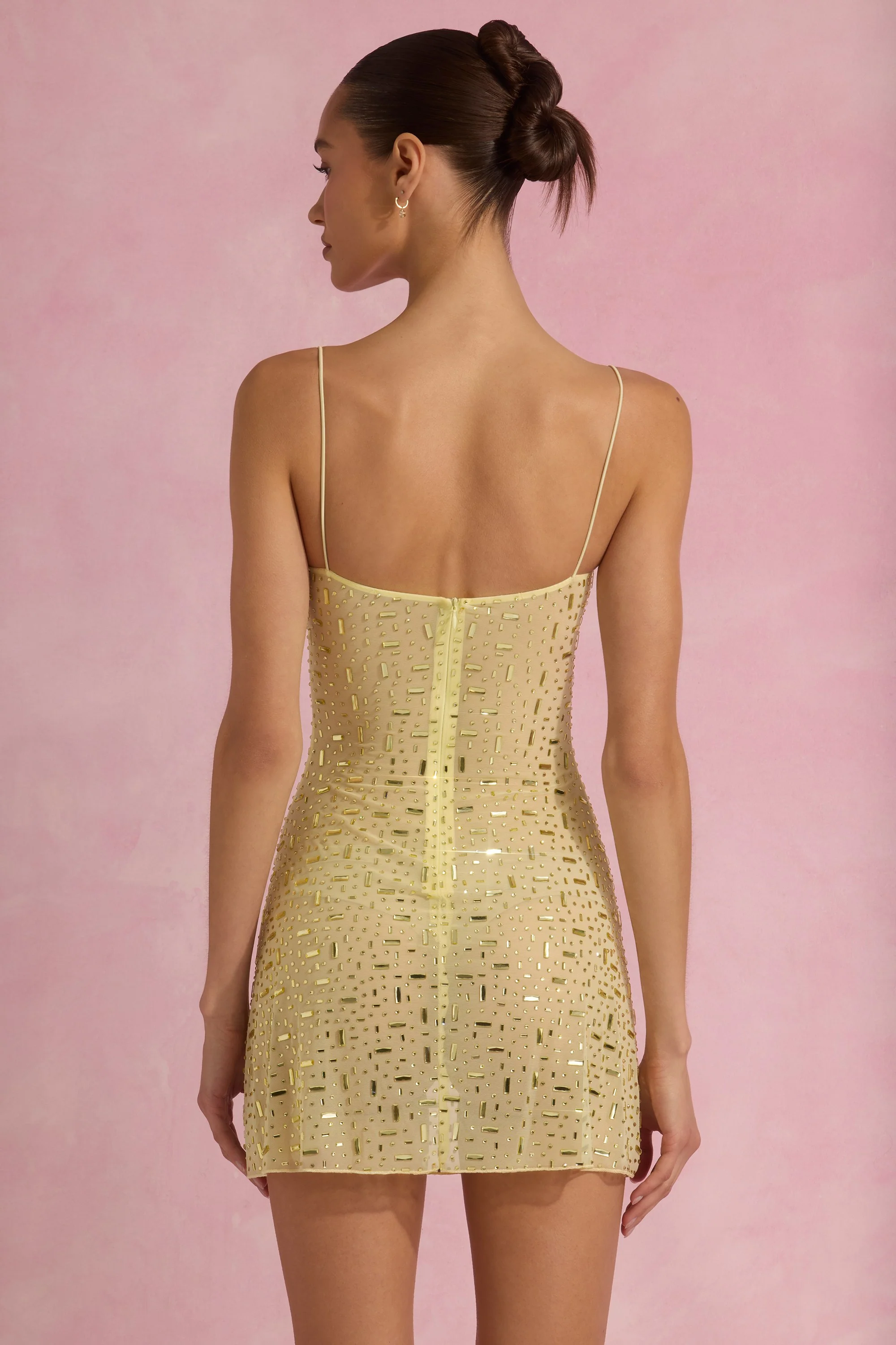 Sheer Embellished Square-Neck Mini Dress in Yellow