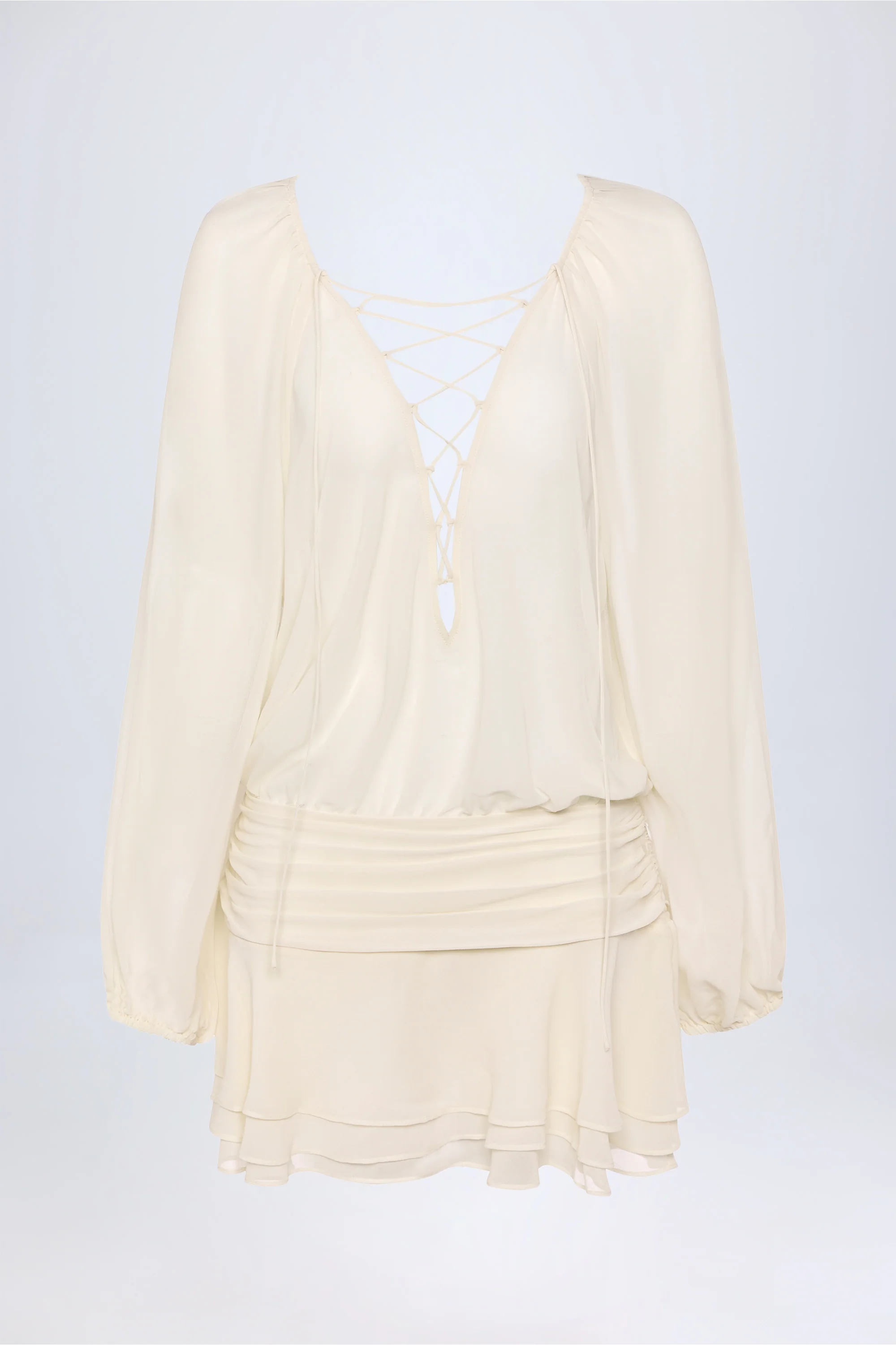 Lace-Up Balloon-Sleeve Mini Dress in Ivory