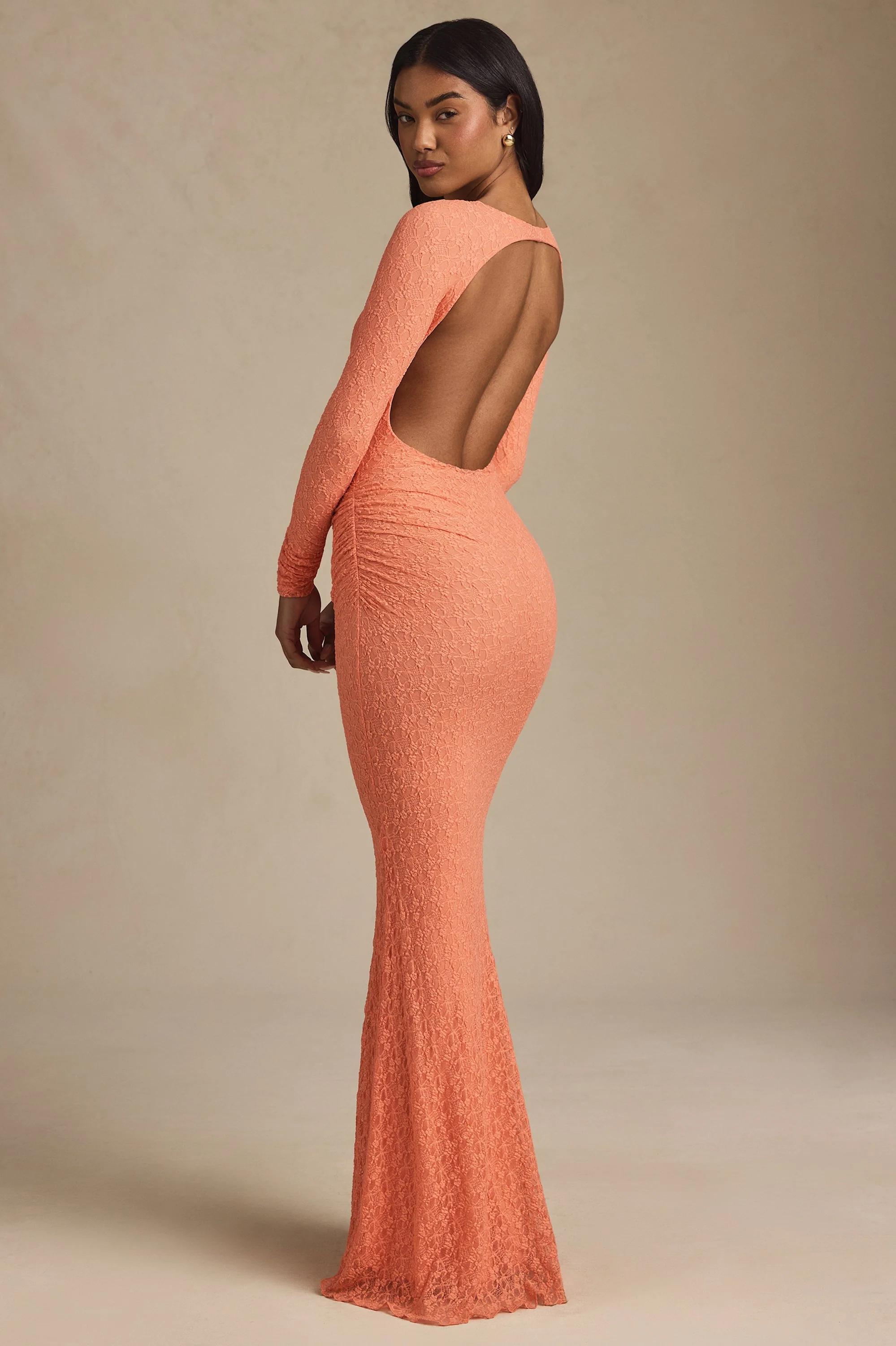 Ruched Backless Lace Maxi Dress in Peach