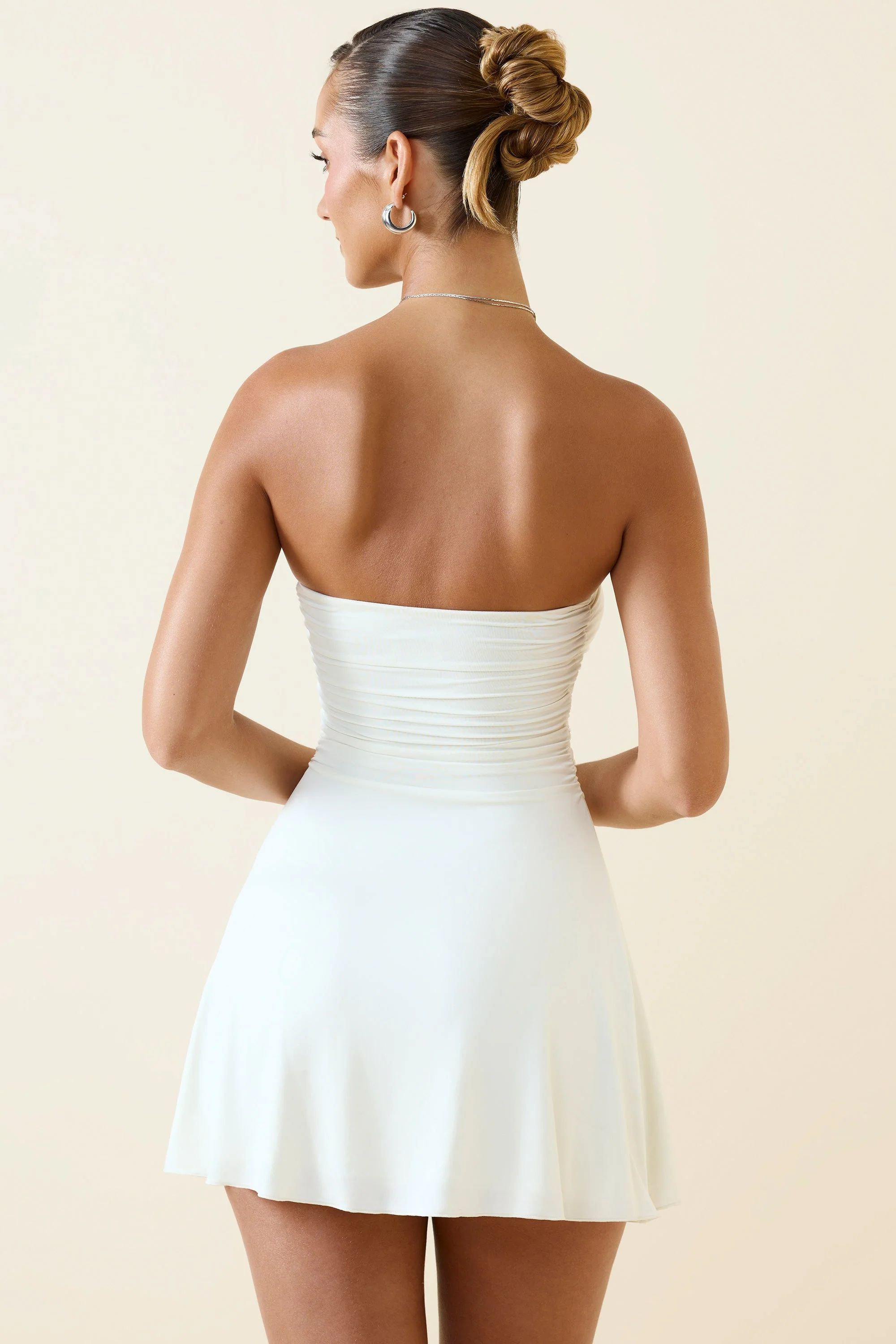 Bandeau Ruched A-Line Mini Dress in Vanilla