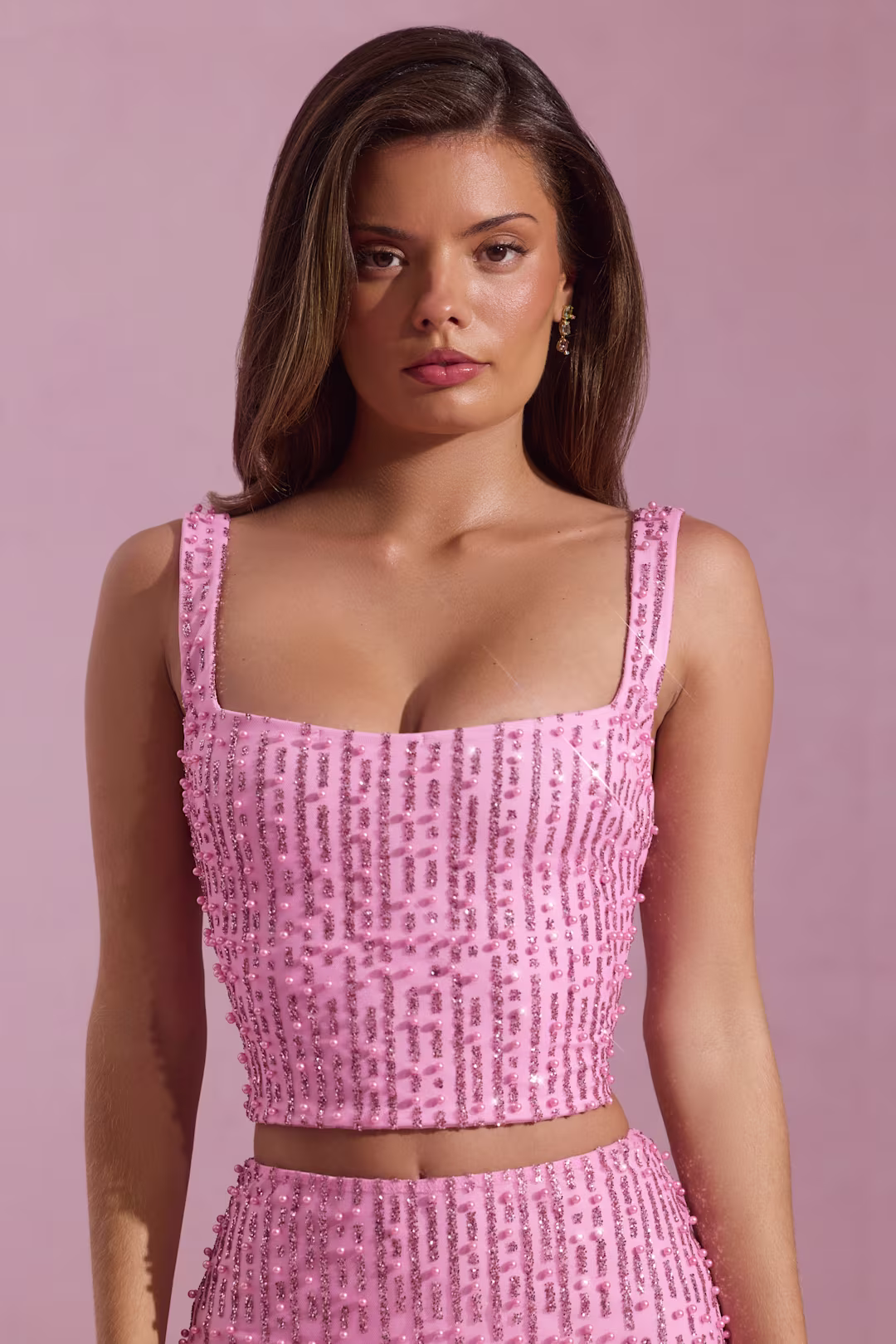 Embellished Square-Neck Crop Top in Pink