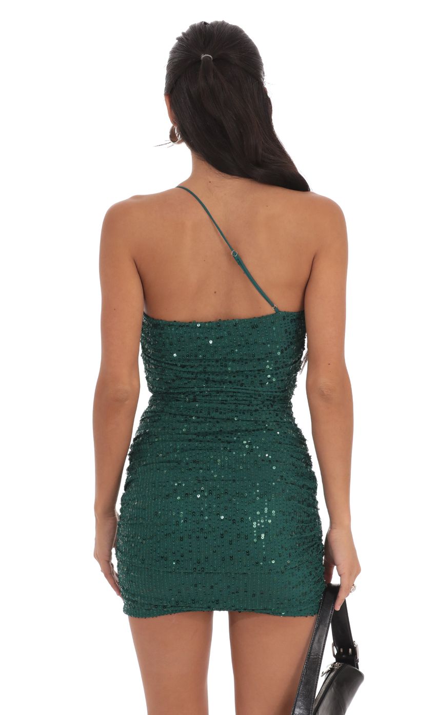 Sequin Ruched One Shoulder Dress in Green