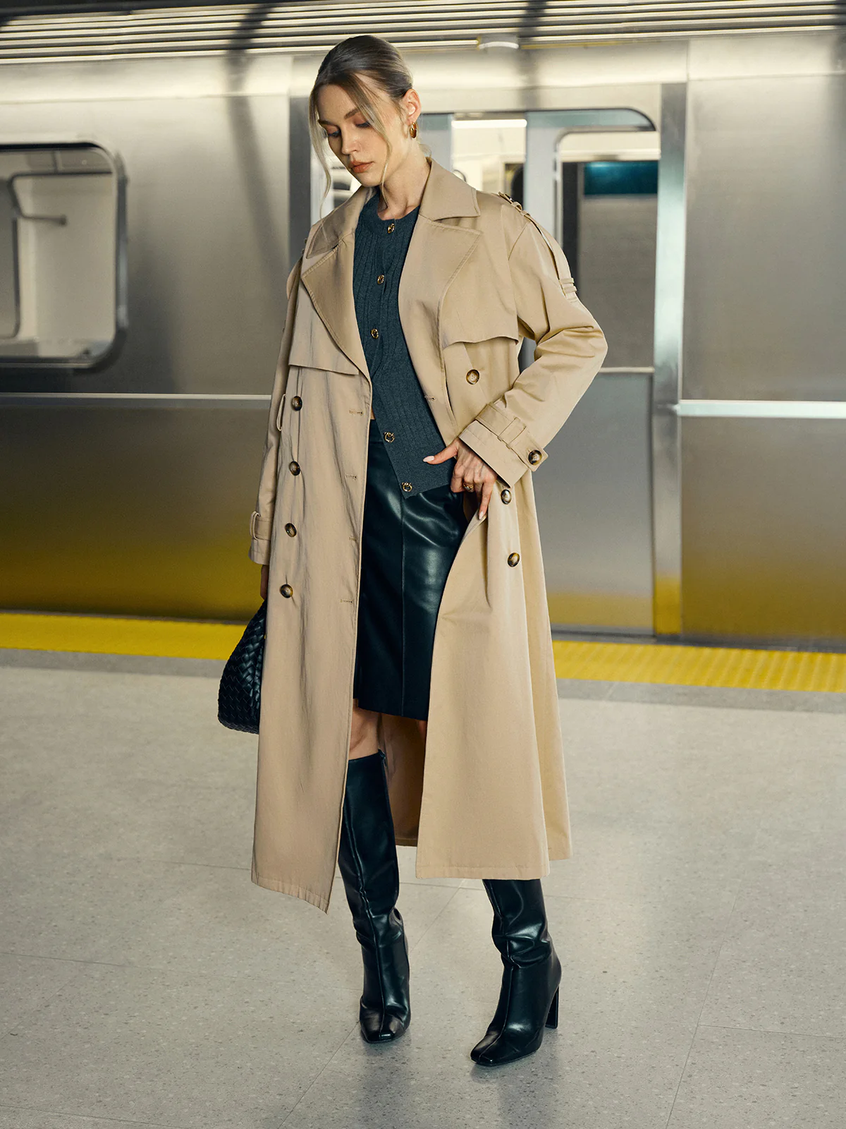 Cotton-Blend Double-Breasted Belted Long Trench Coat
