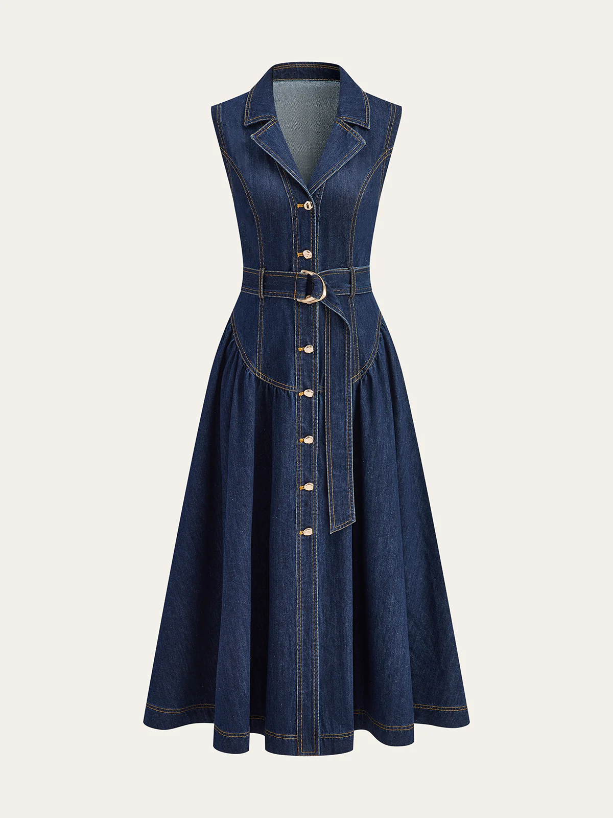 Metal Detail Denim Button-Front Belted Dress