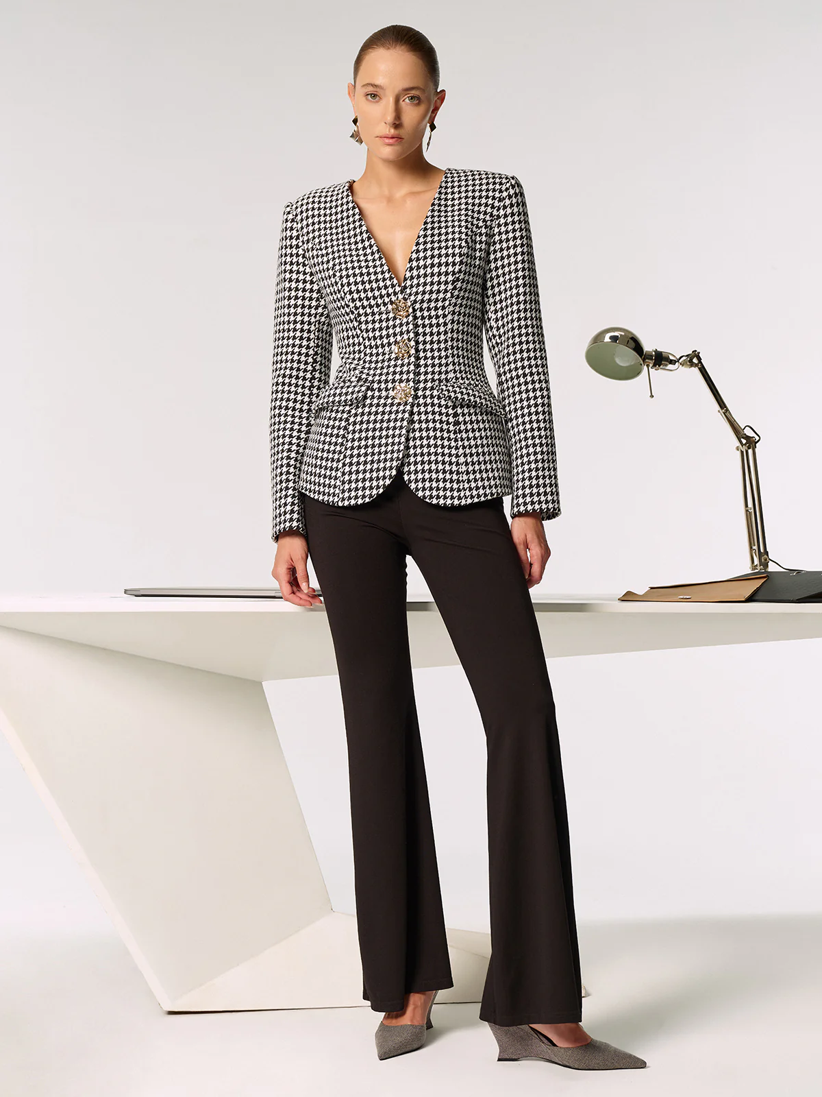 Metal Button Houndstooth Blazer
