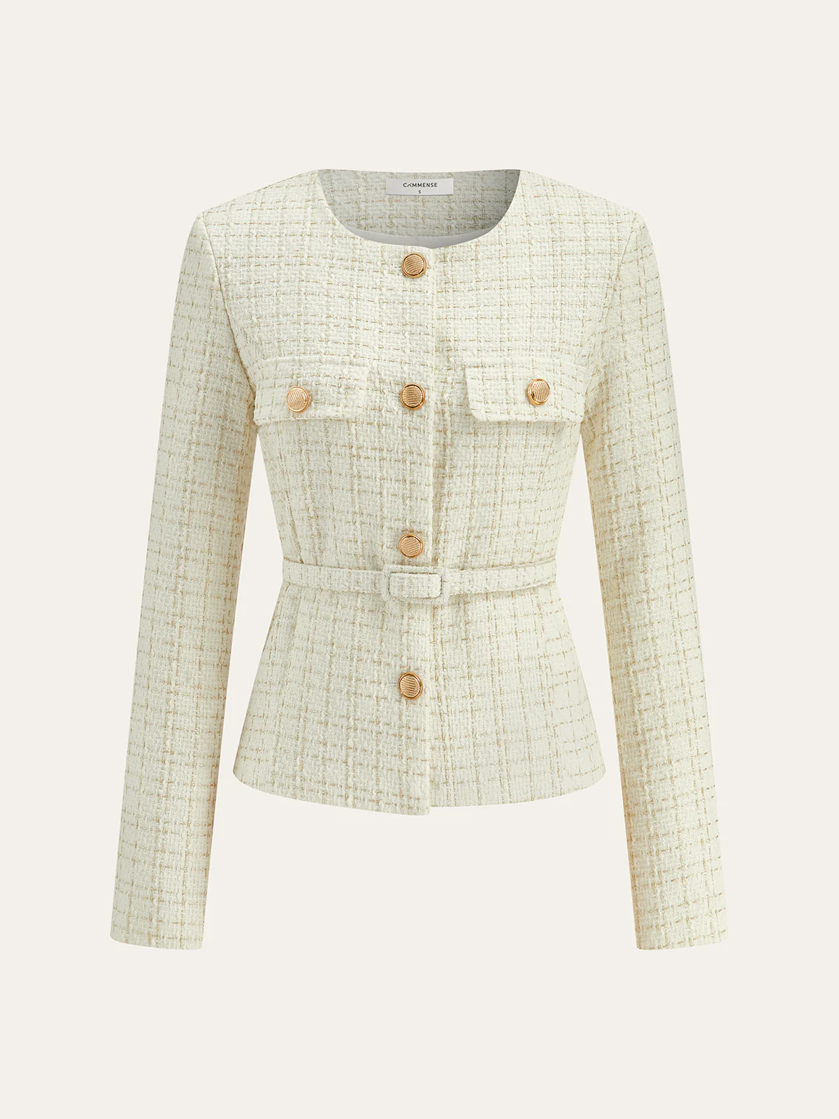 Metal Button Tweed Belted Blazer