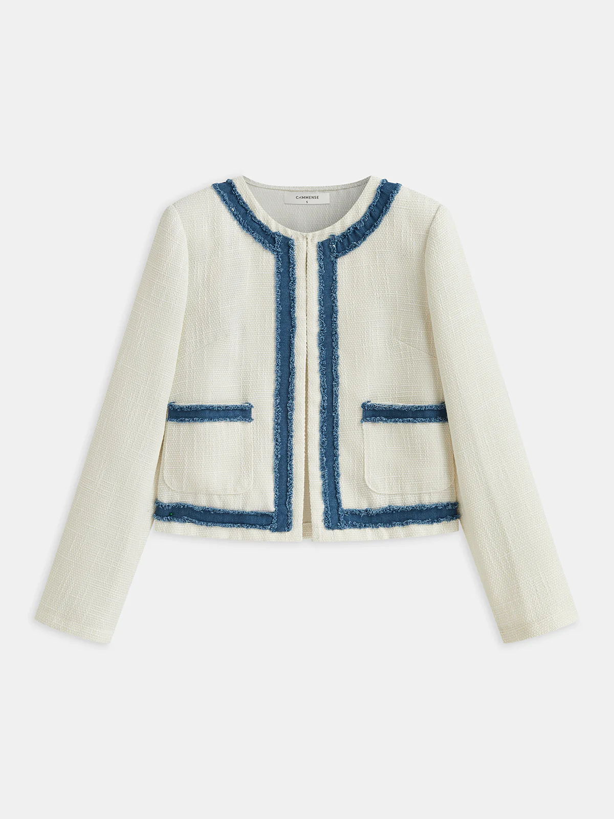 Tweed Contrast Trim Round Neck Blazer