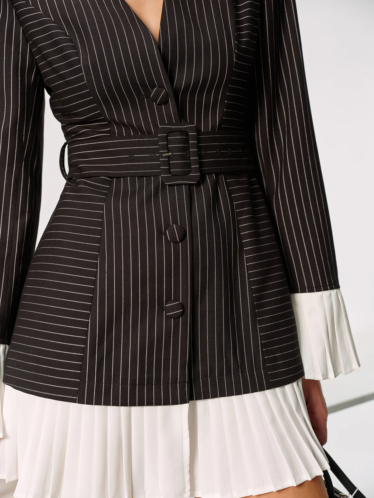Contrast Pleated Panel Pinstriped Belted Blazer Dress