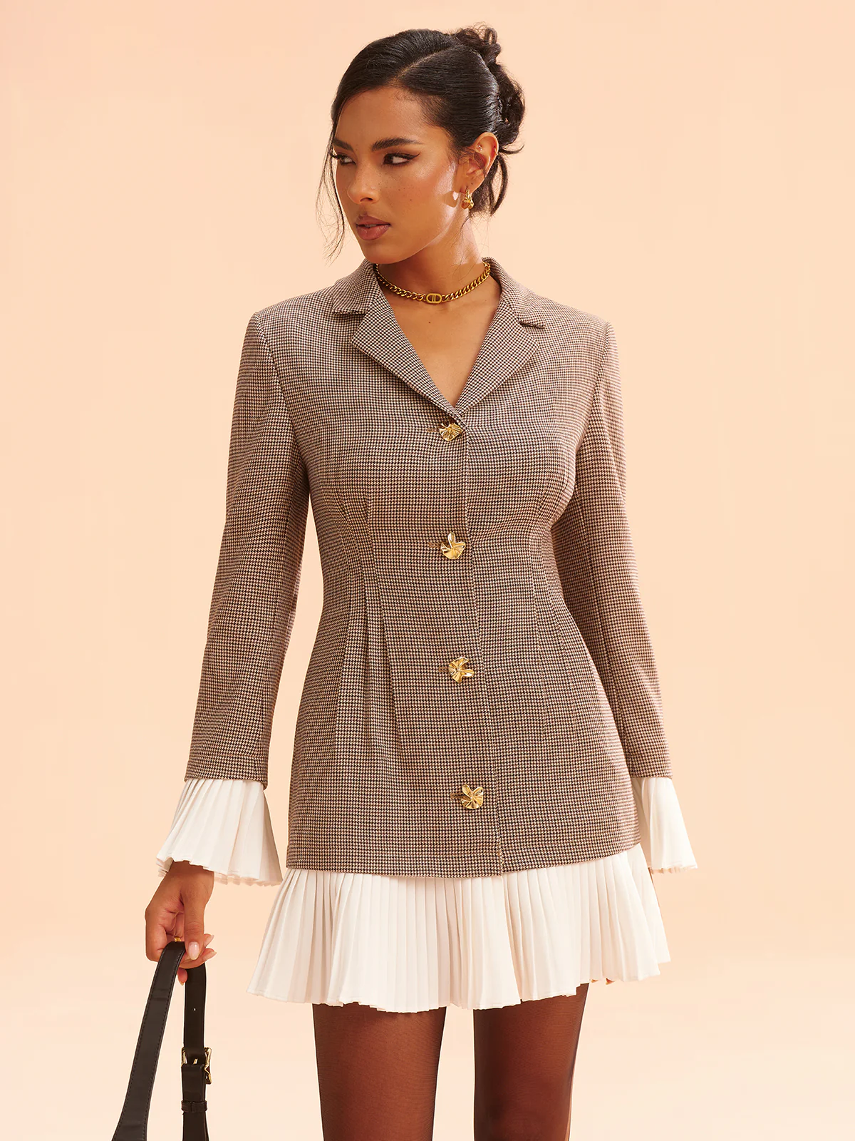 Pleated Hem Panel Houndstooth Blazer Dress