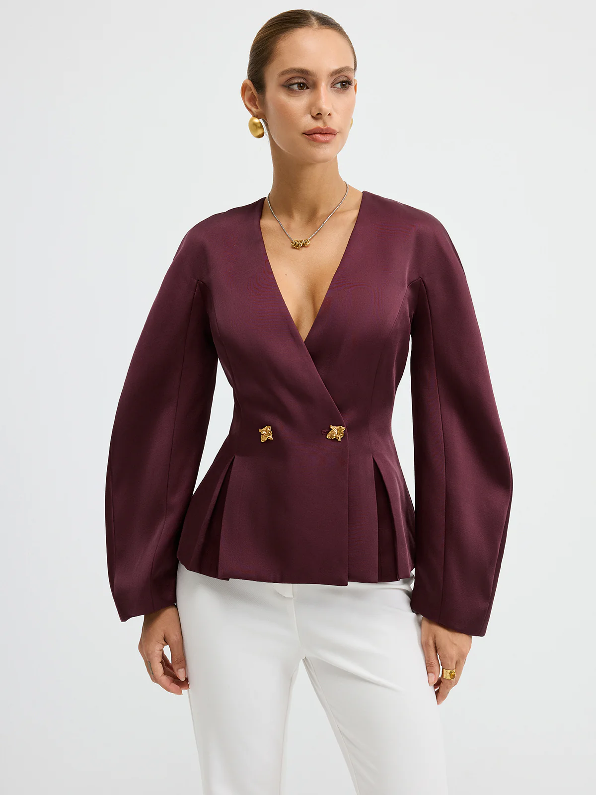 Metal Button Puff Sleeve Peplum Blazer