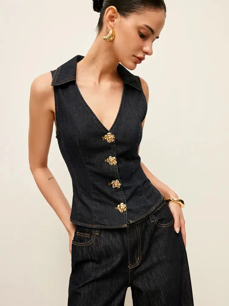 Denim Collared Vest With Floral Button Detail