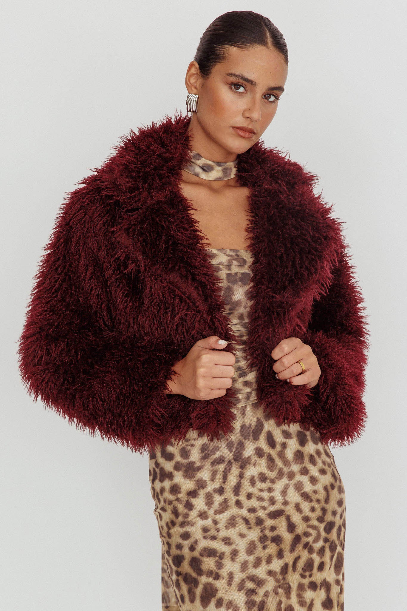 Aland Fuzzy Faux Fur Jacket Wine