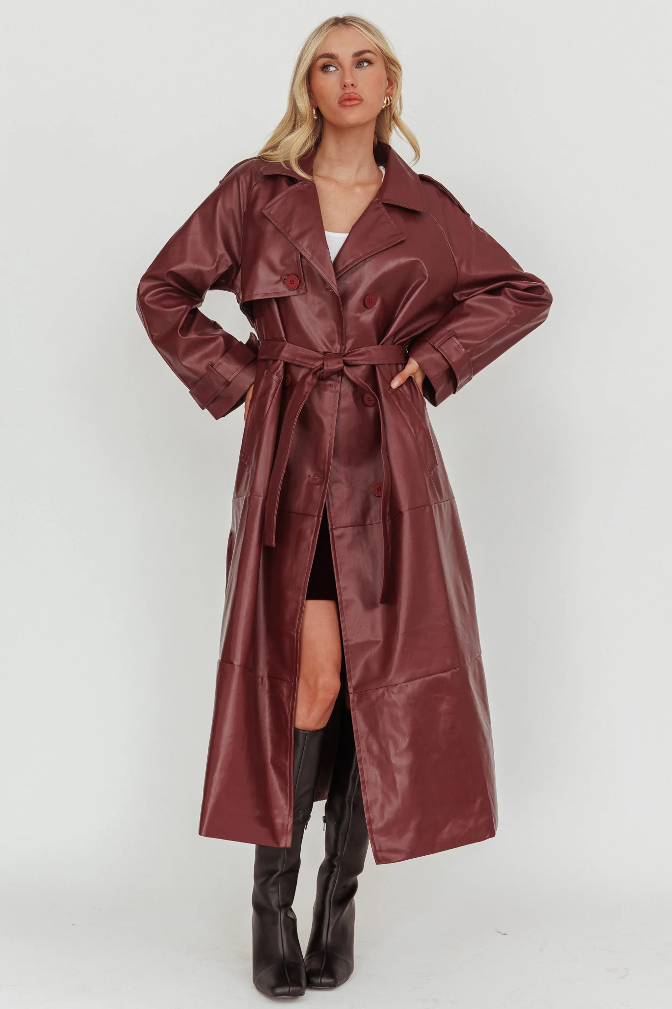 Lyora Longline Faux Leather Trench Coat Burgundy