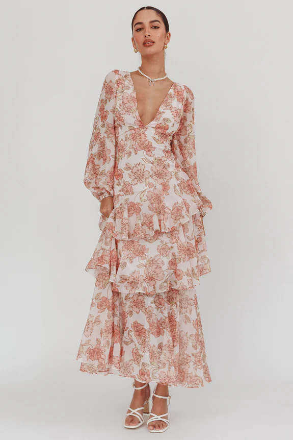 Veda Long Sleeve Floral Tiered Ruffle Maxi Dress