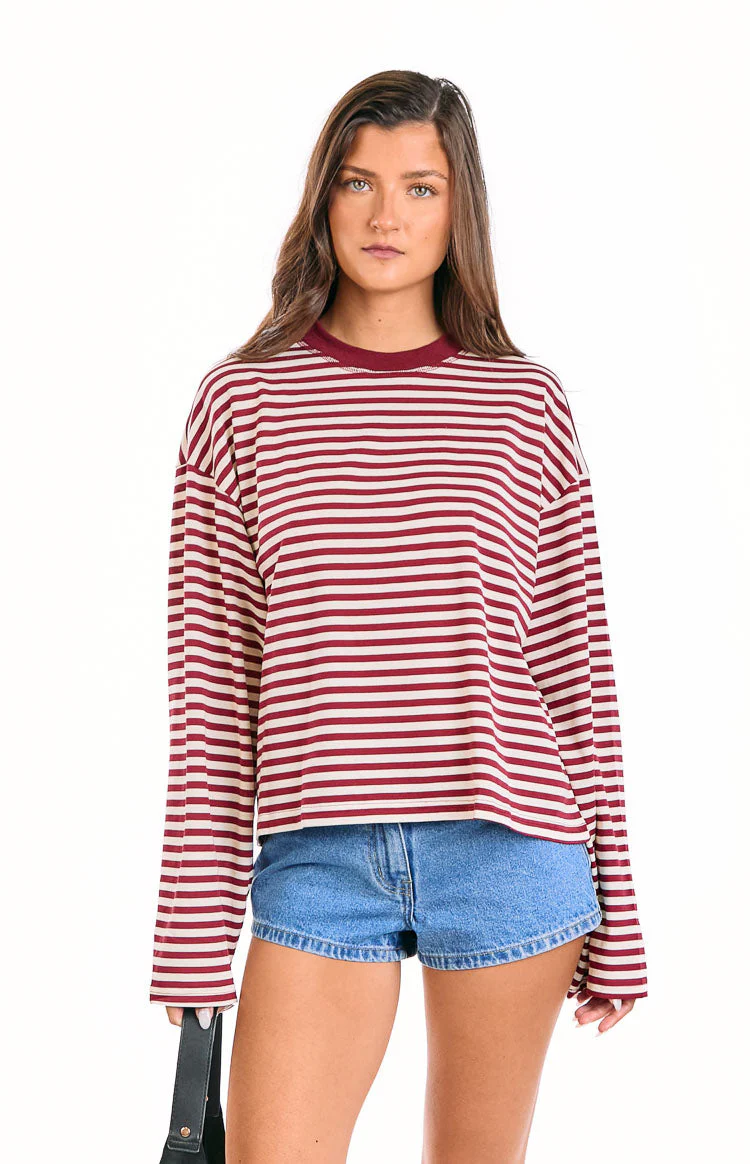 Lioness Bloom Wine Stripe Long Sleeve Top