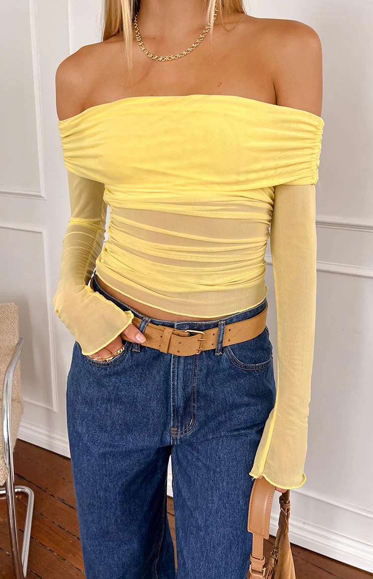 Sky Yellow Mesh Off Shoulder Top