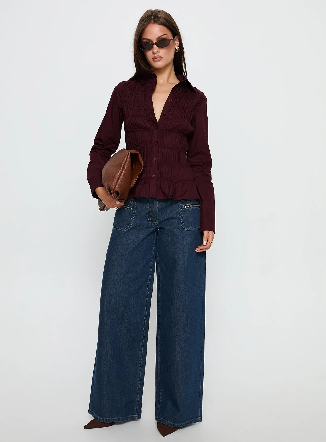 Cultivate Shirred Long Sleeve Top Plum