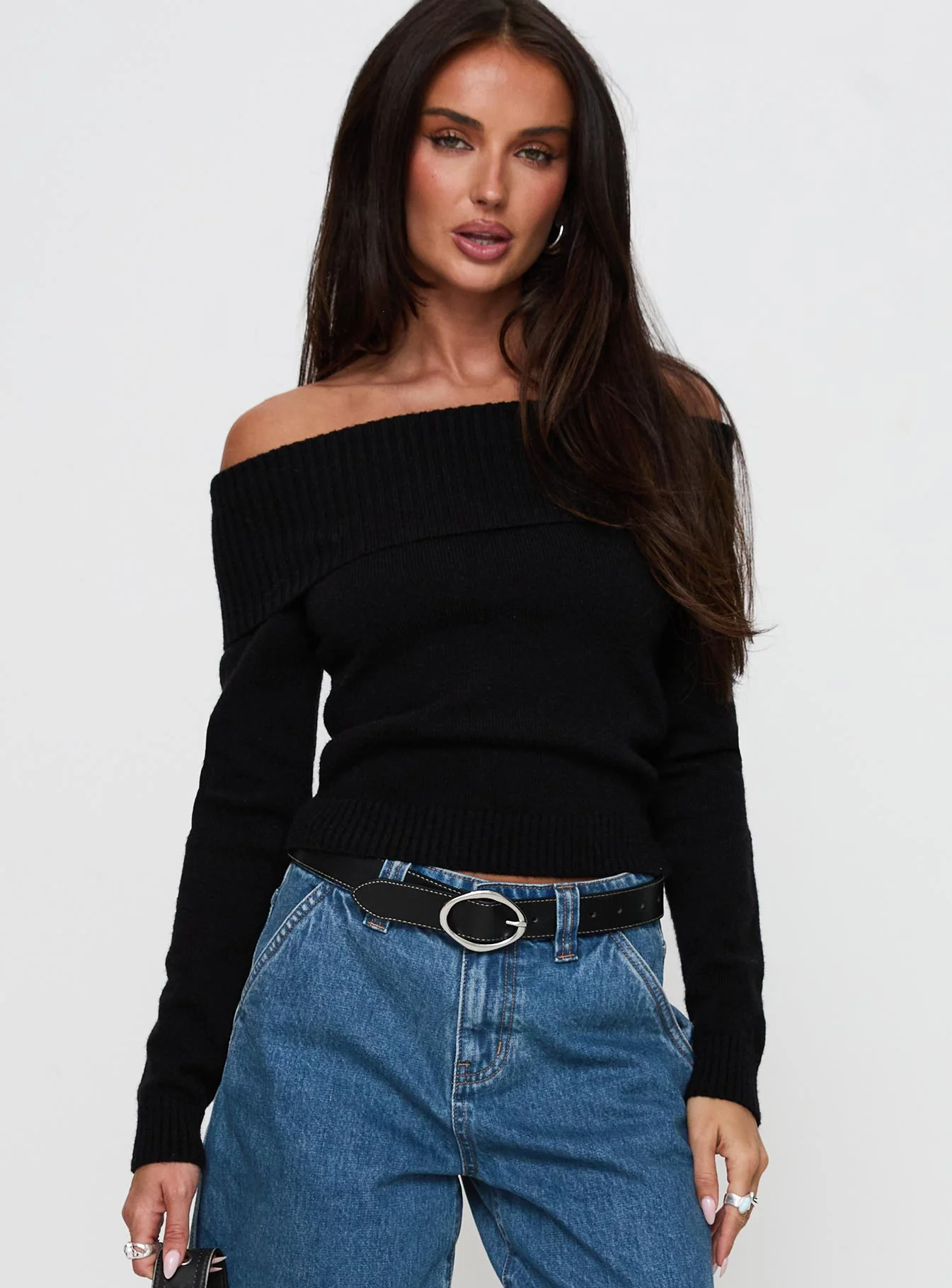 One For Me Off The Shoulder Long Sleeve Sweater Black