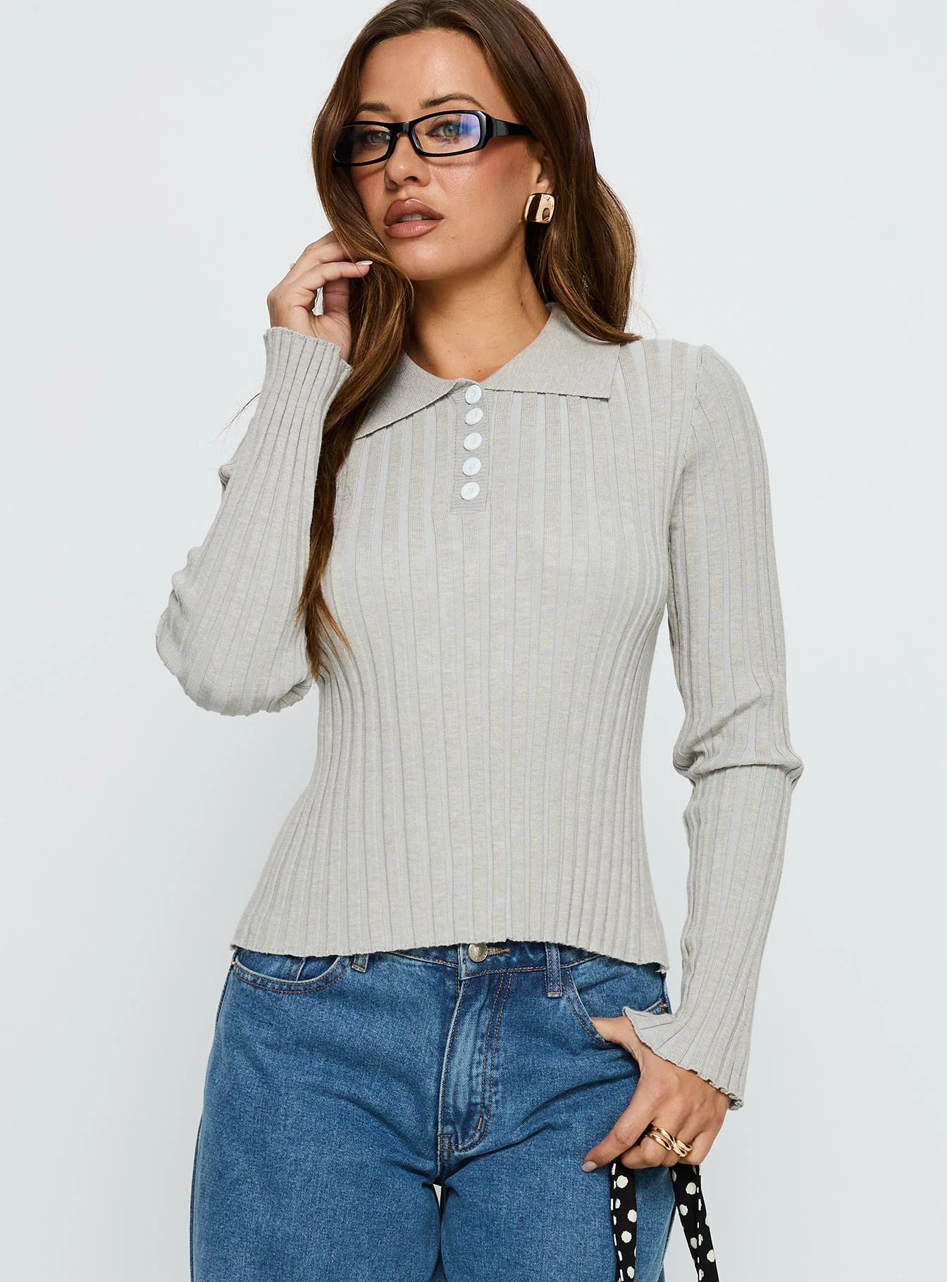 Wakely Collared Long Sleeve Top Grey