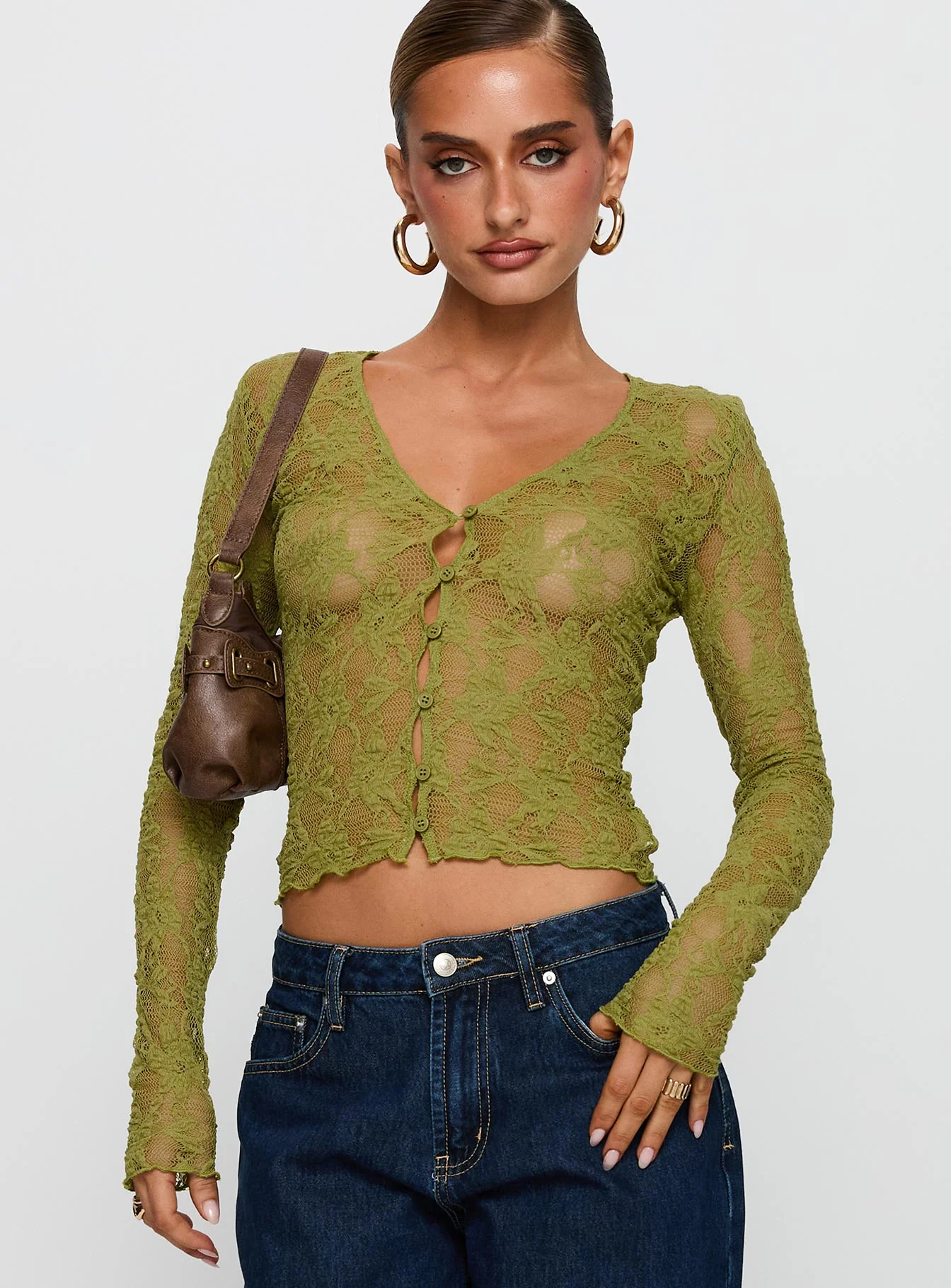 Prized Possessions Sheer Button Up Top Green