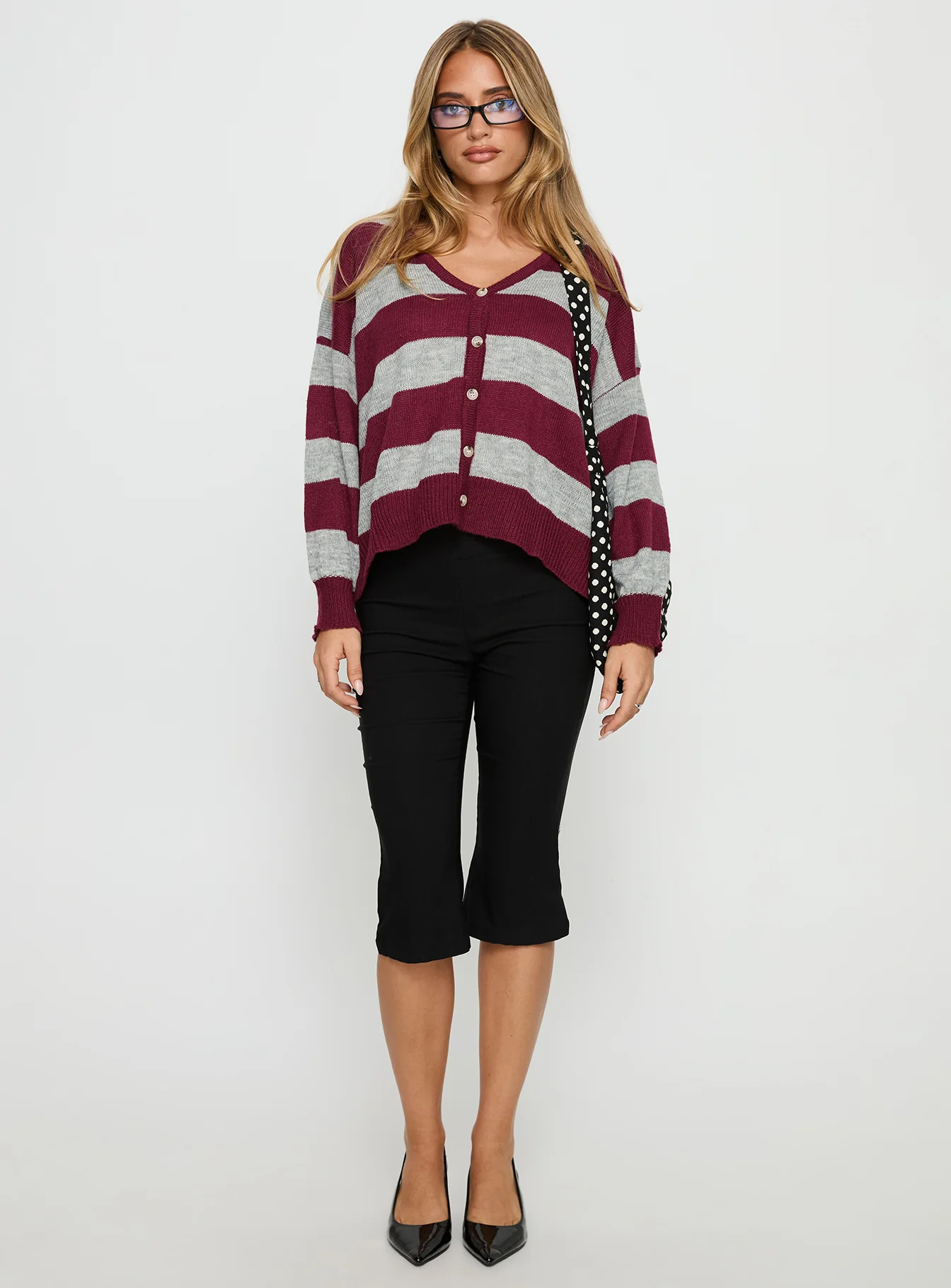 Devvon V Neck Knit Cardigan Red Stripe