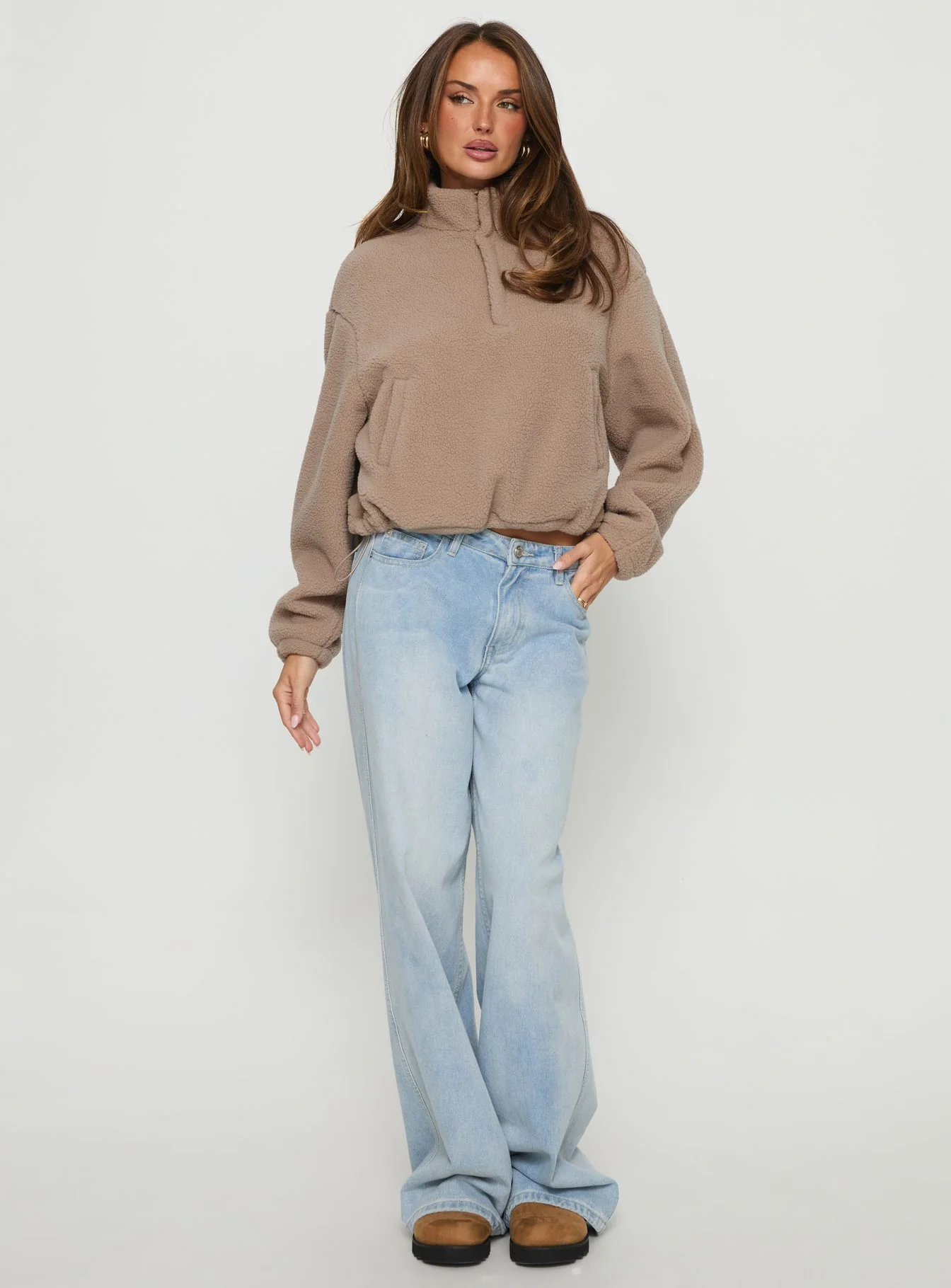 Icy Days Fleece Quarter Zip Jumper Light Brown
