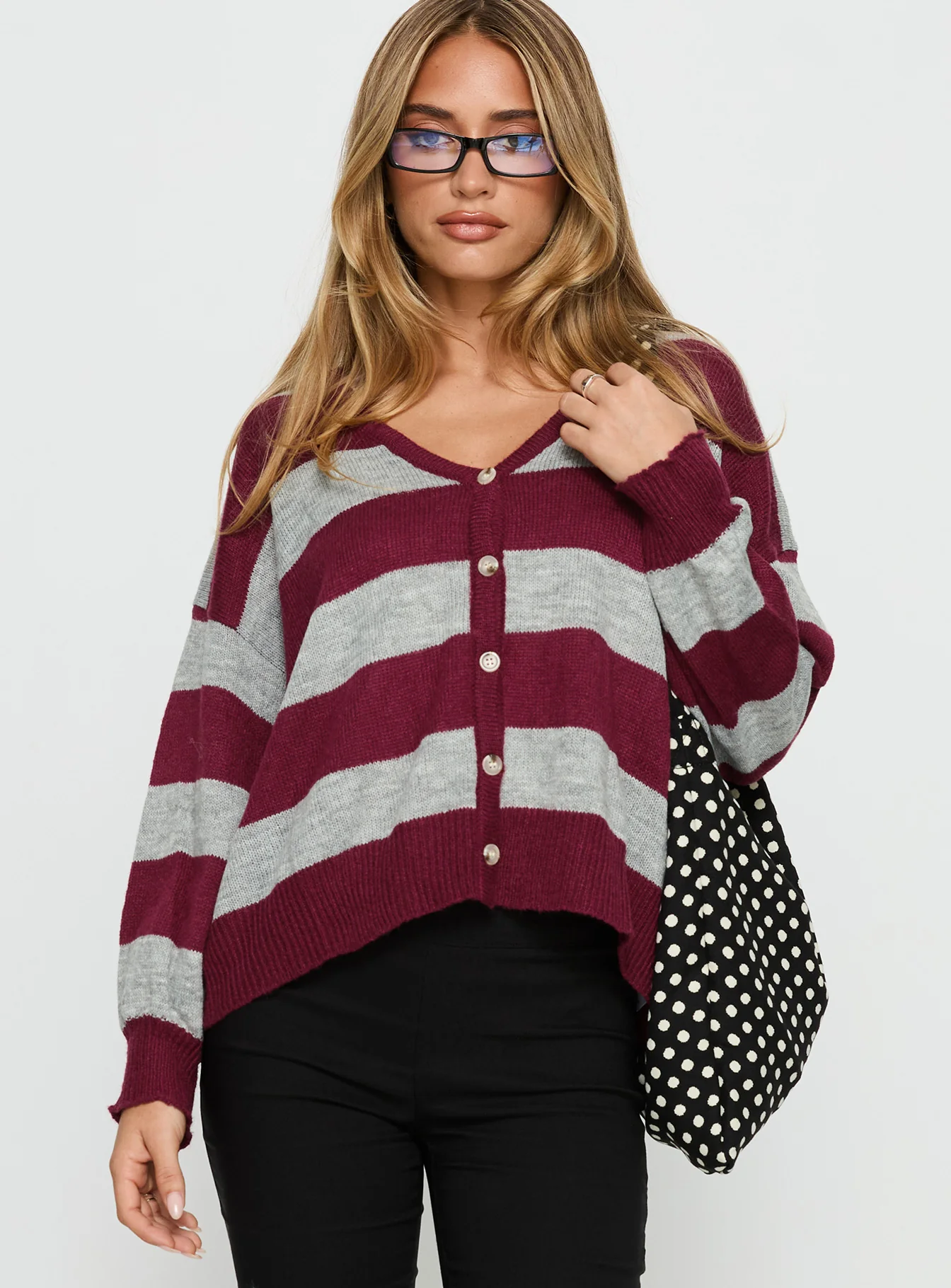 Devvon V Neck Knit Cardigan Red Stripe