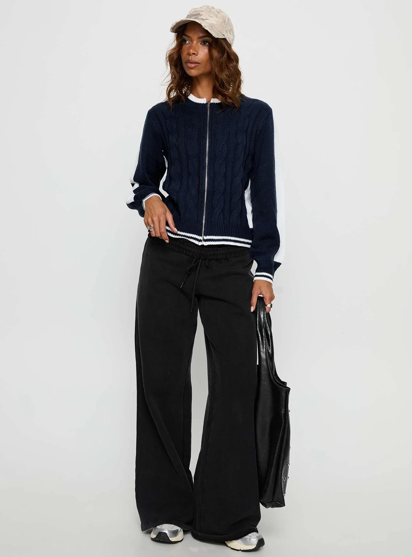 Tevyn Cable Knit Zip Through Knit Sweater Blue / Cream