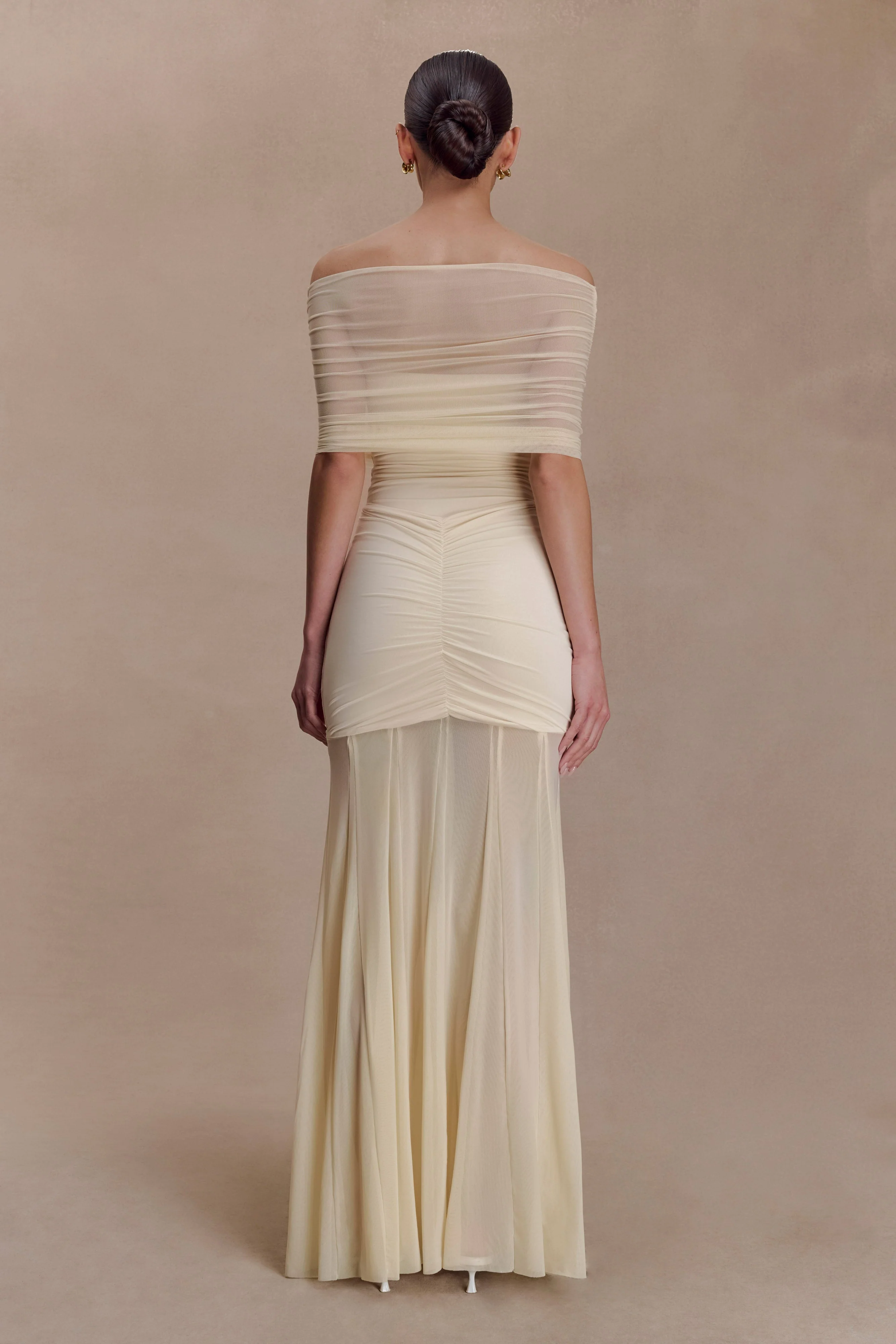Caspian Slinky And Mesh Off Shoulder Maxi Dress - Ivory