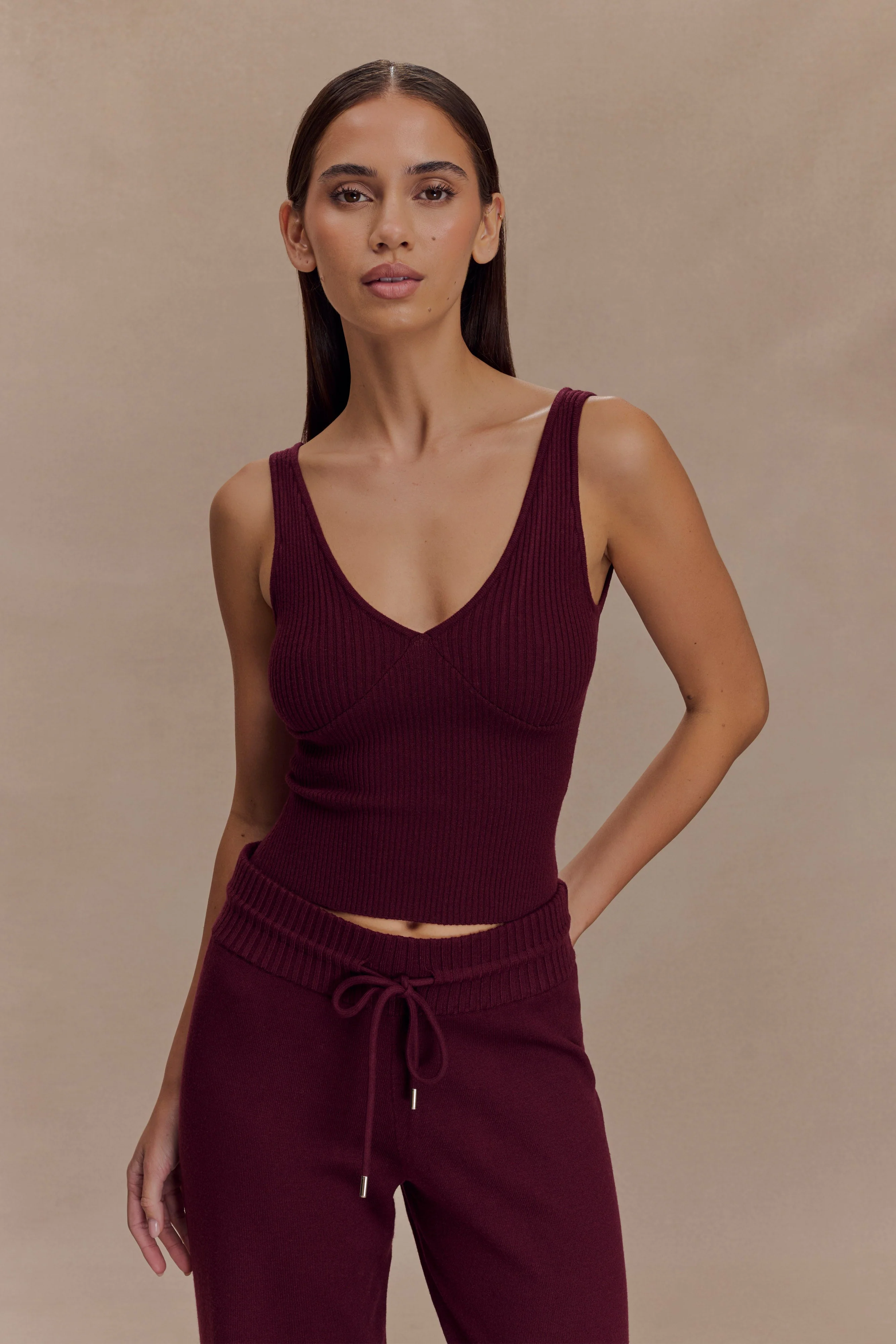Natalya Ribbed Knit Cami Top - Merlot