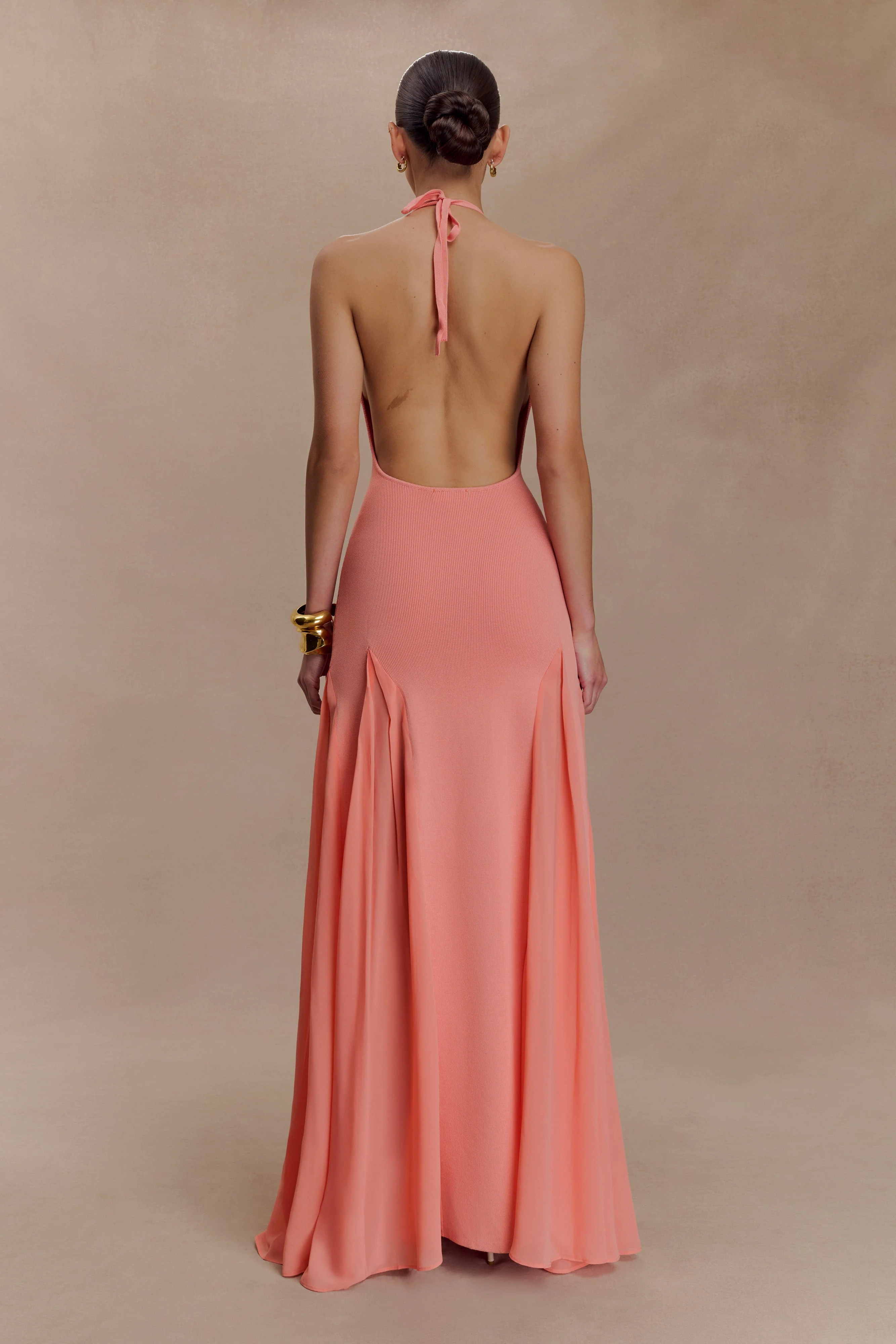 Soleil Knit And Mesh Halter Maxi Dress - Coral