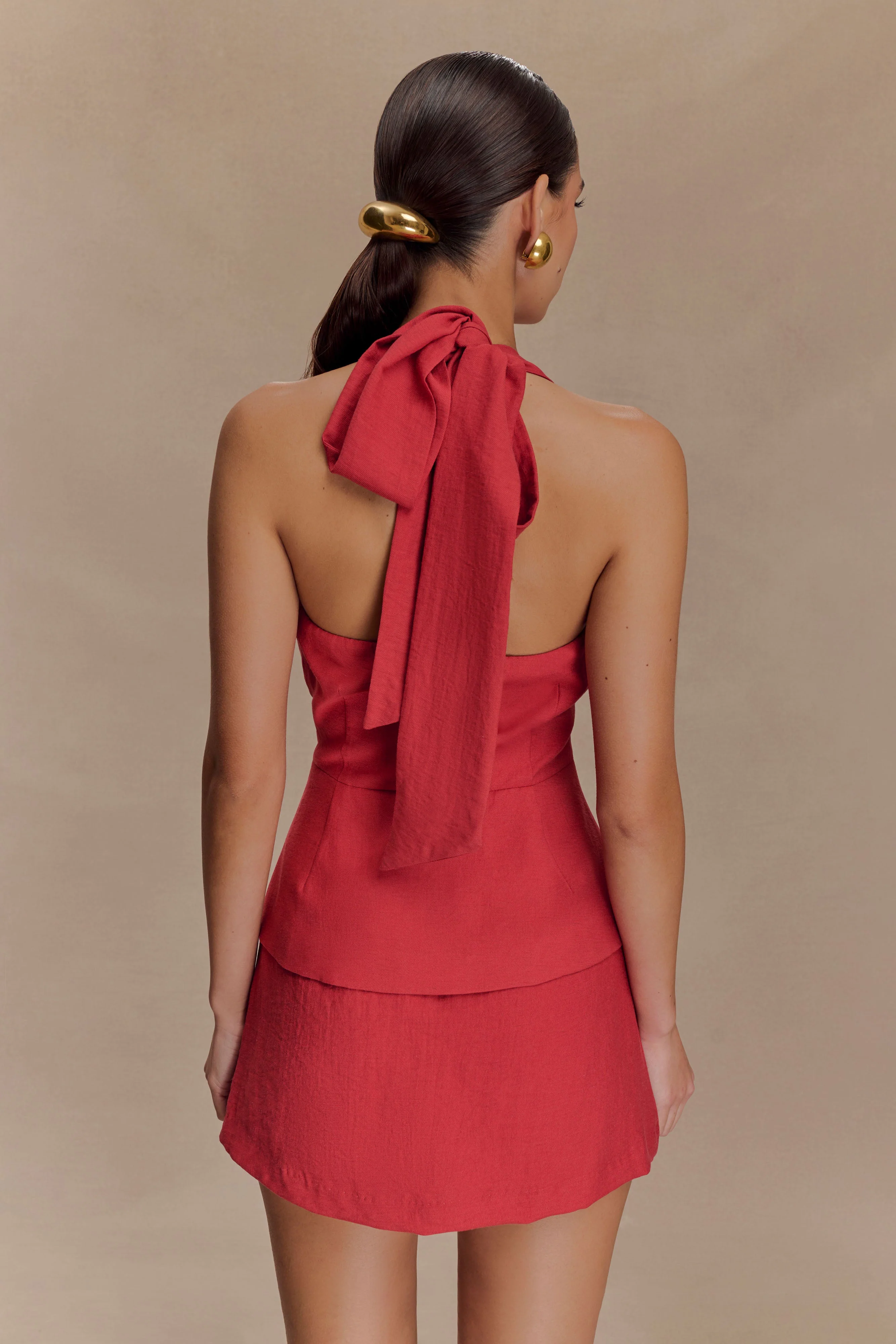 Kallie Linen Peplum Halter Top - Burnt Rose