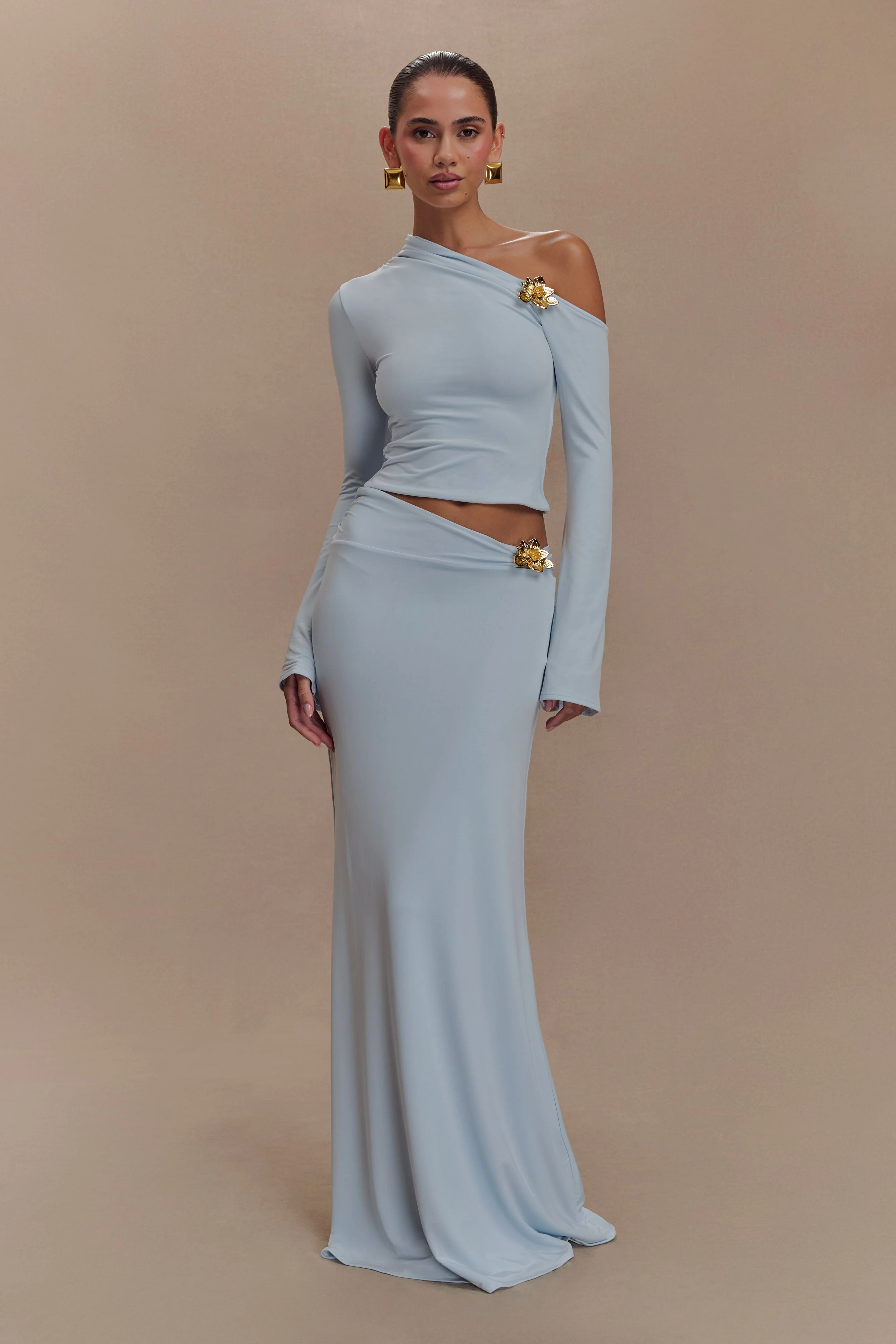 Ainsley Asymmetrical Maxi Skirt With Floral Hardware - Pale Blue