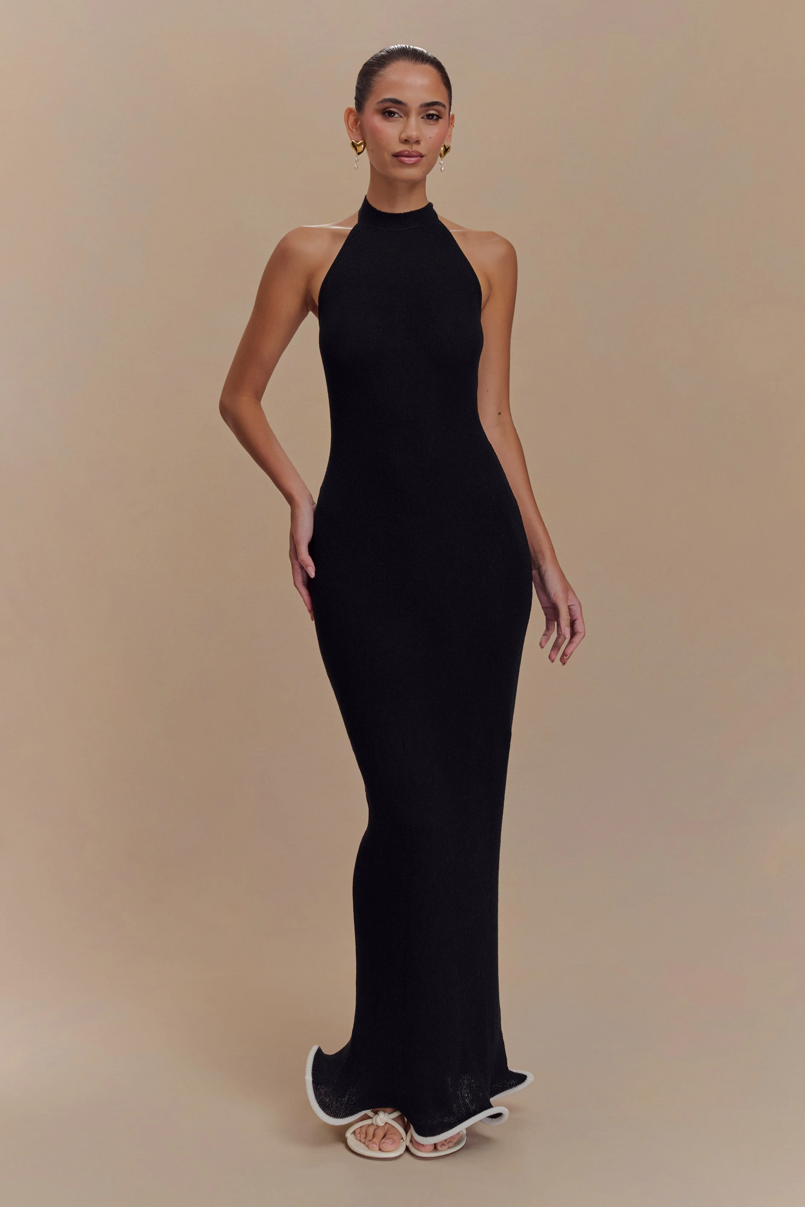 Melodie Halter Knit Maxi Dress - Black/White