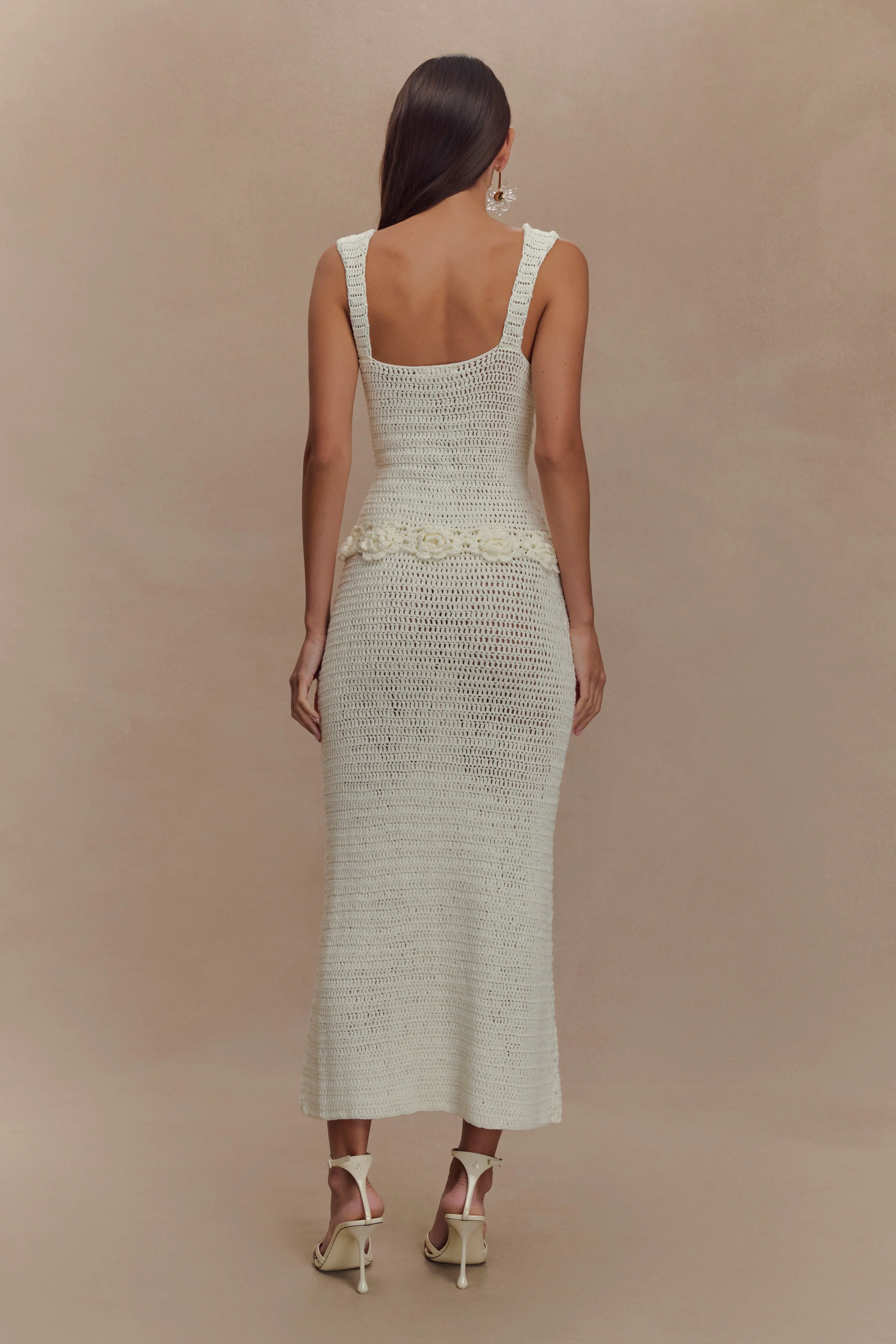 Teagan Floral Hand Crochet Midi Dress - Ivory
