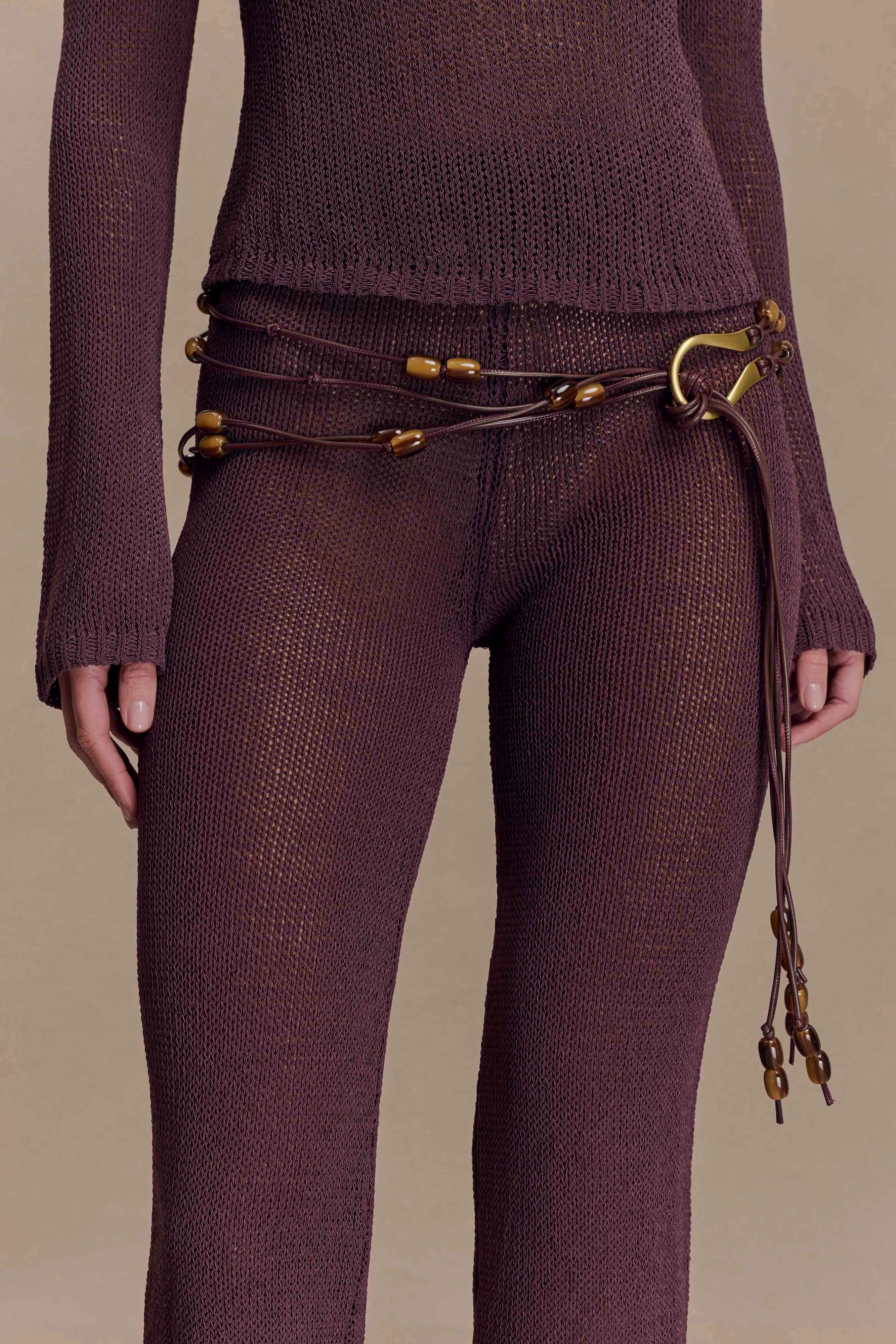 Enid Faux Leather Beaded Belt - Chocolate