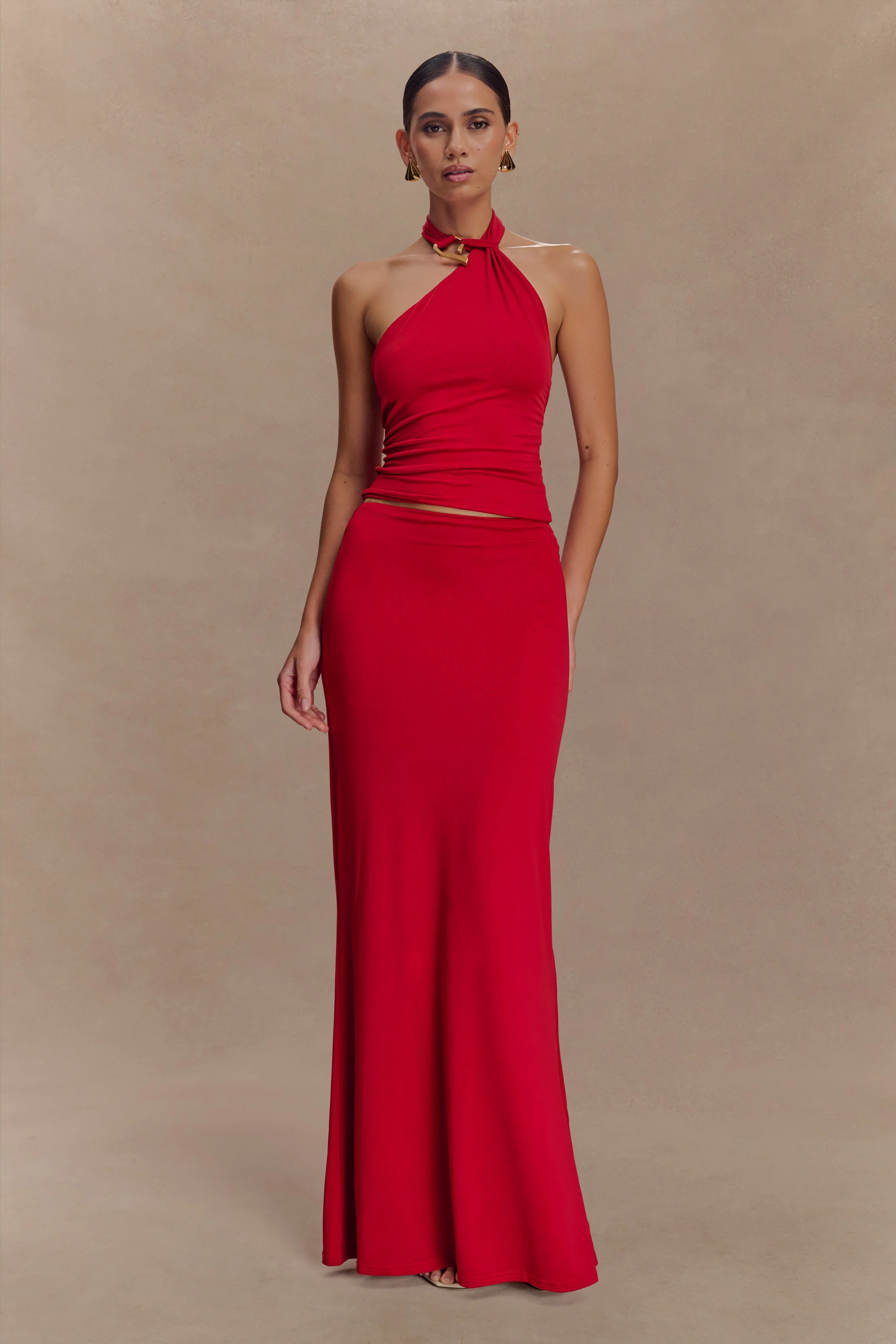 Bruna Slinky Fishtail Maxi Skirt - Red