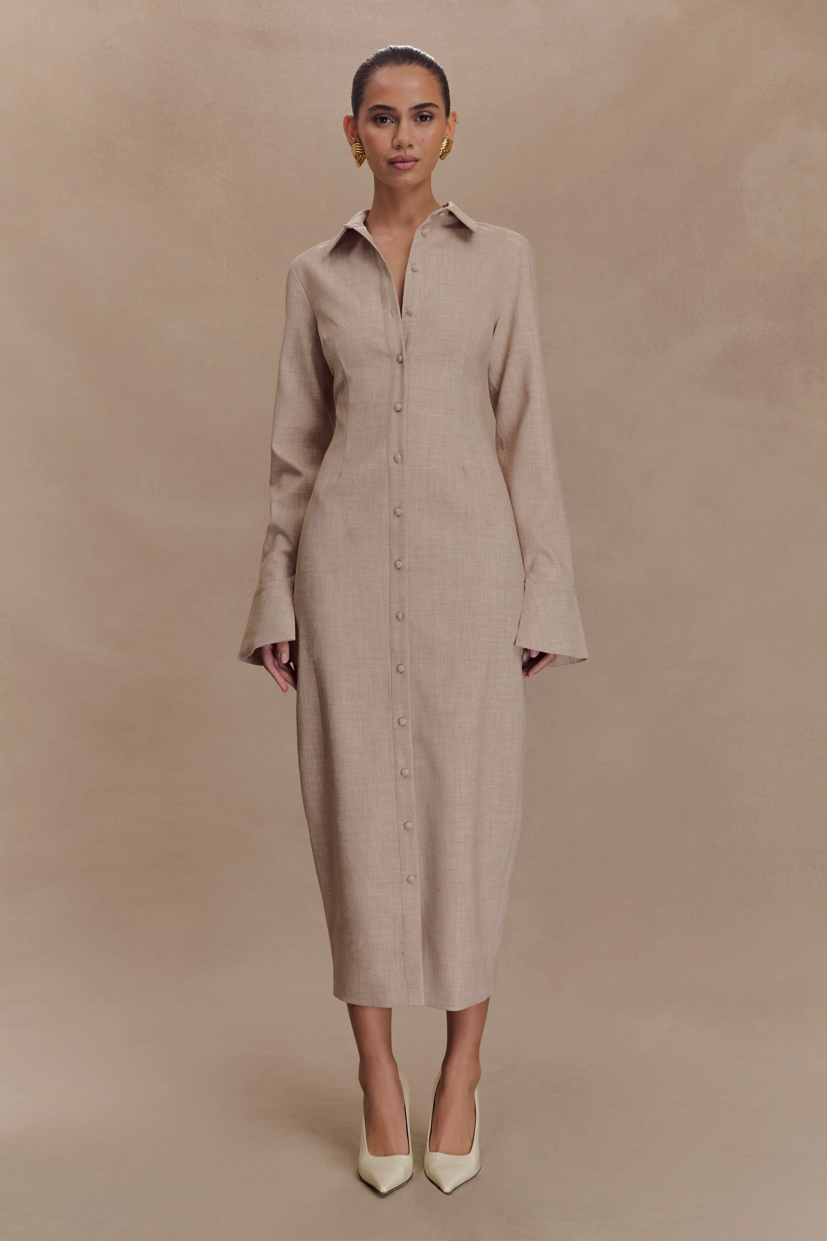 Dorian Fitted Shirt Midi Dress - Wheat Marle