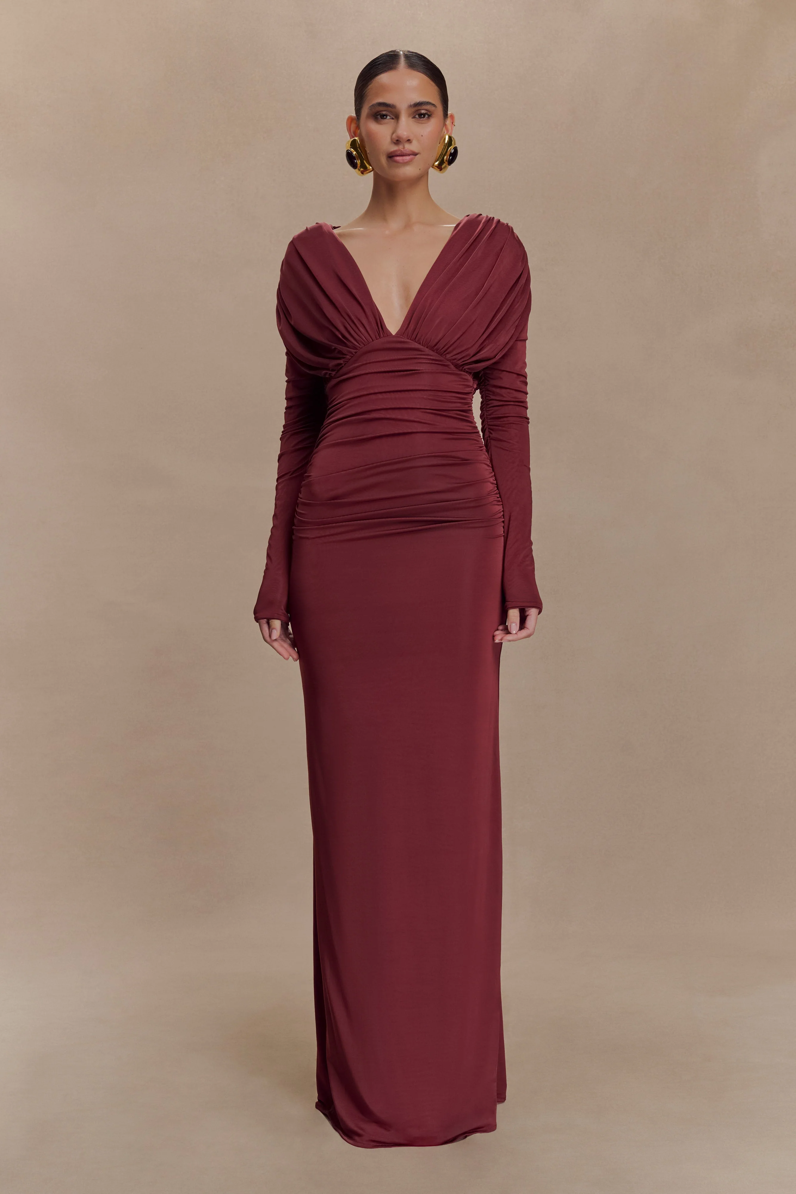 Hayden Long Sleeve Plunge Maxi Dress - Wine