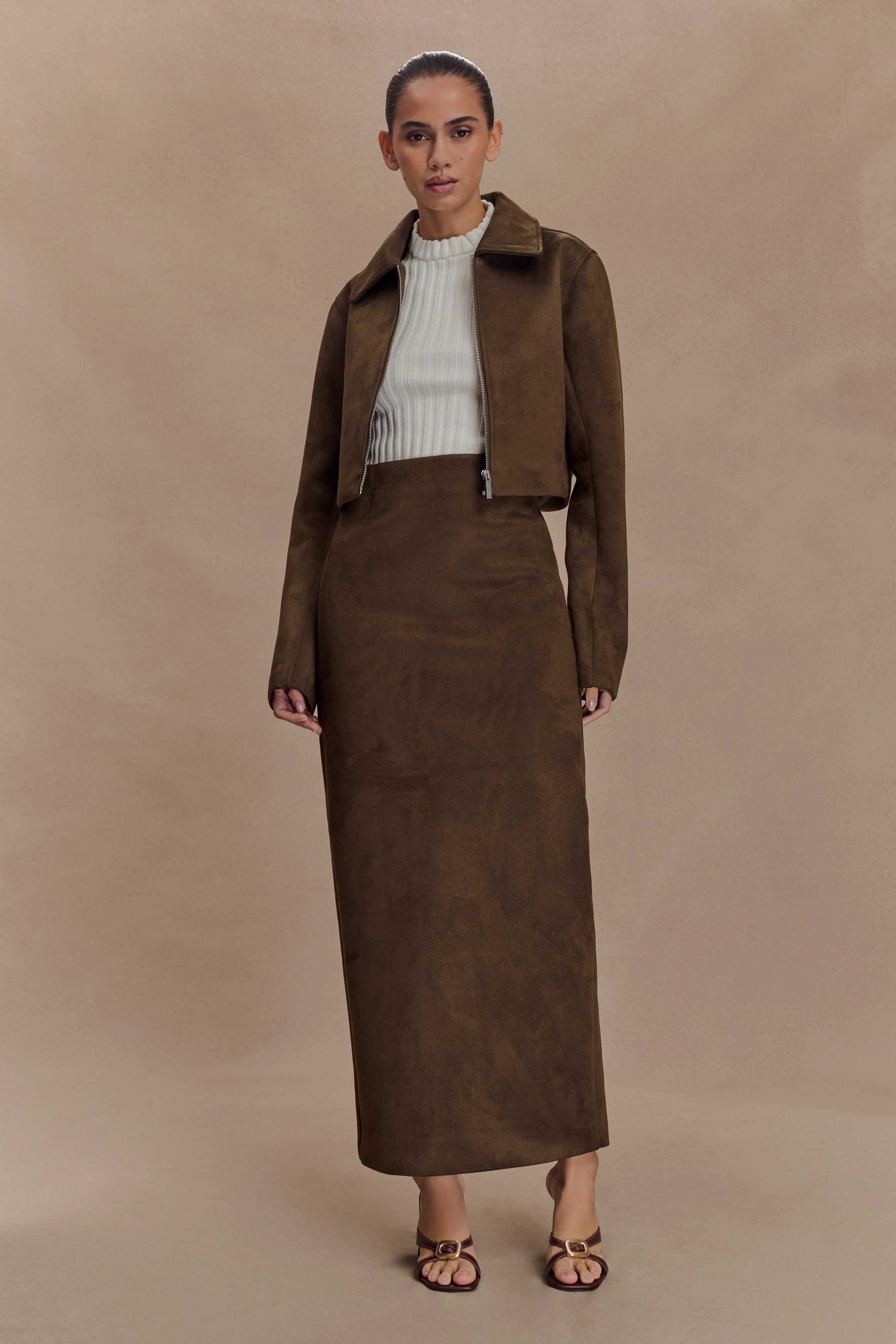 Hayes Faux Suede Midi Skirt - Chocolate