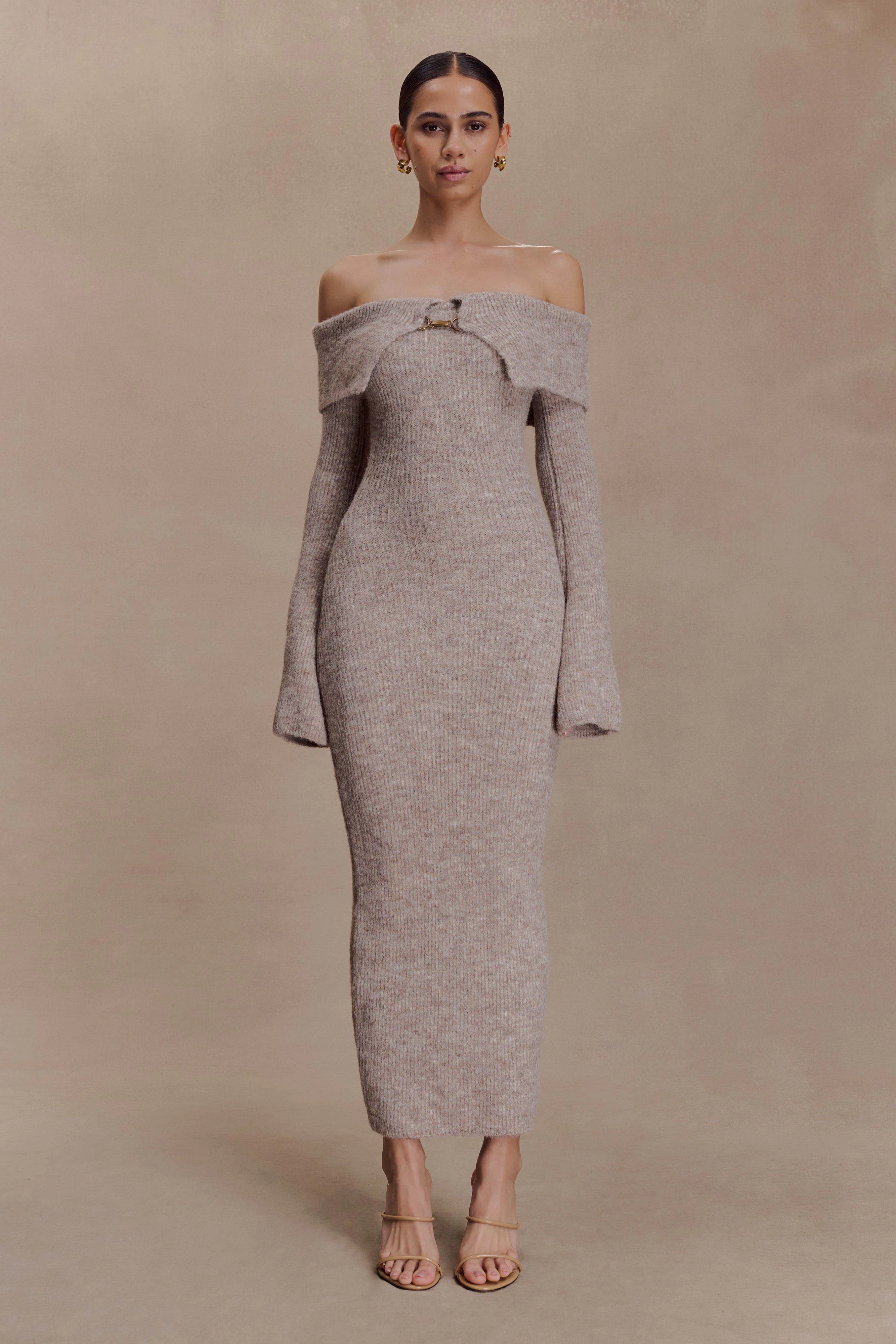 Baxter Off Shoulder Fluffy Knit Midi Dress - Taupe Marle