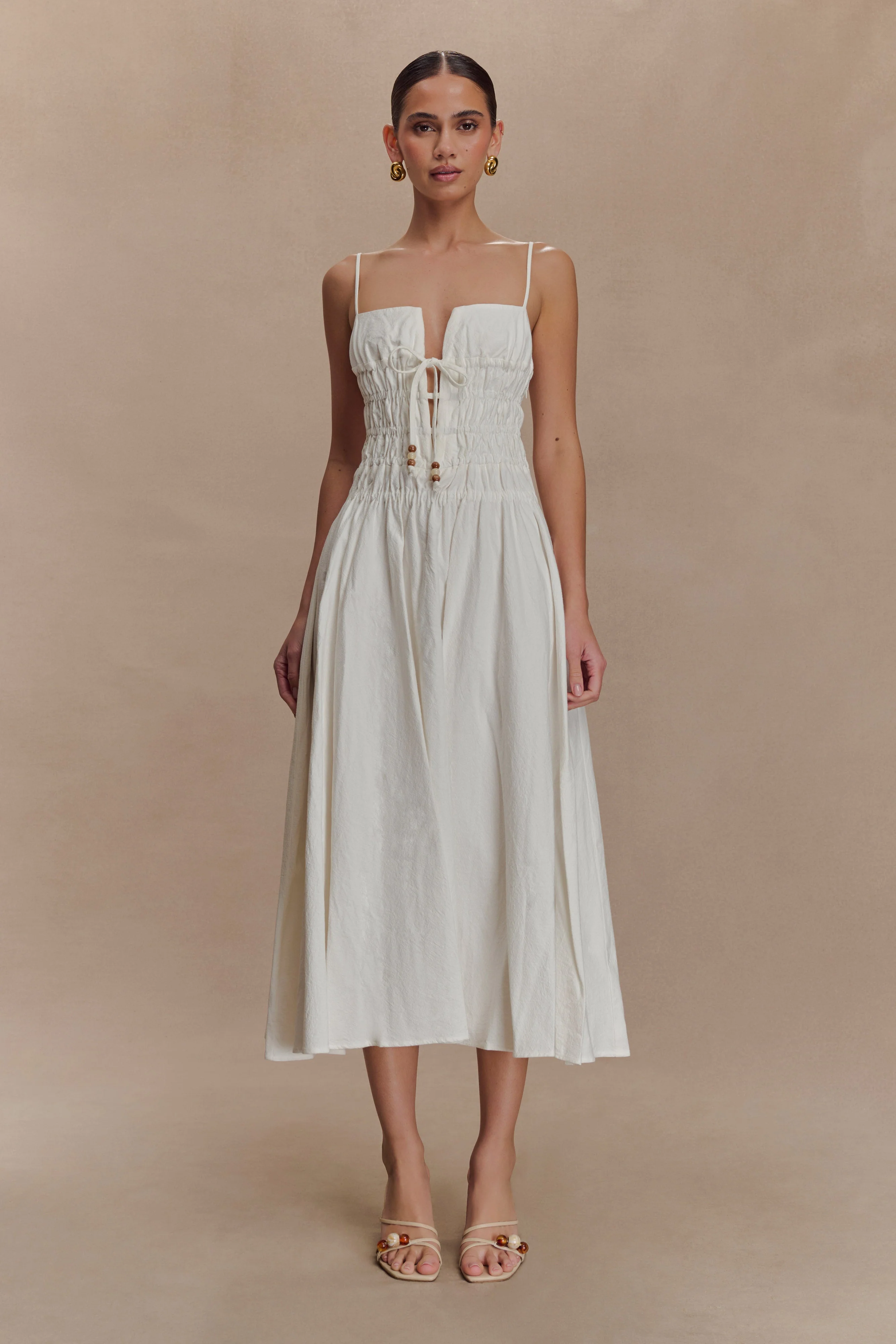 Elias Shirred Cotton Midi Dress - White